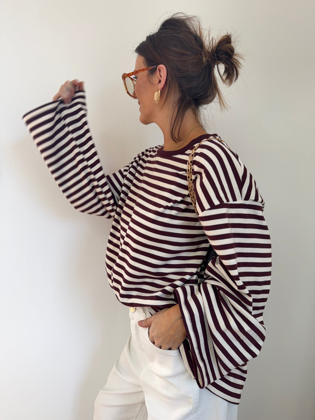 T-shirt manches longues rayé - prune