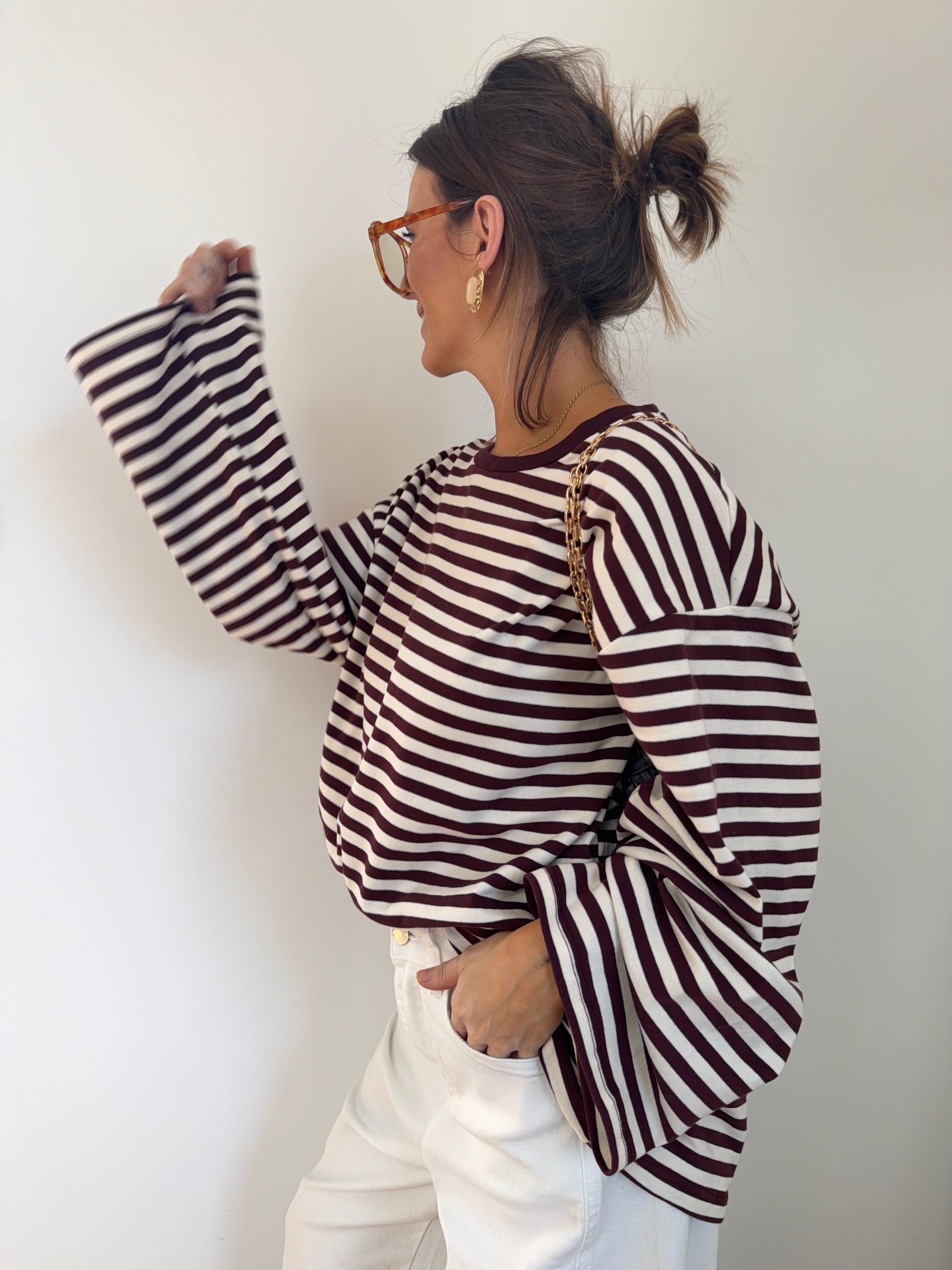 T-shirt manches longues rayé - prune