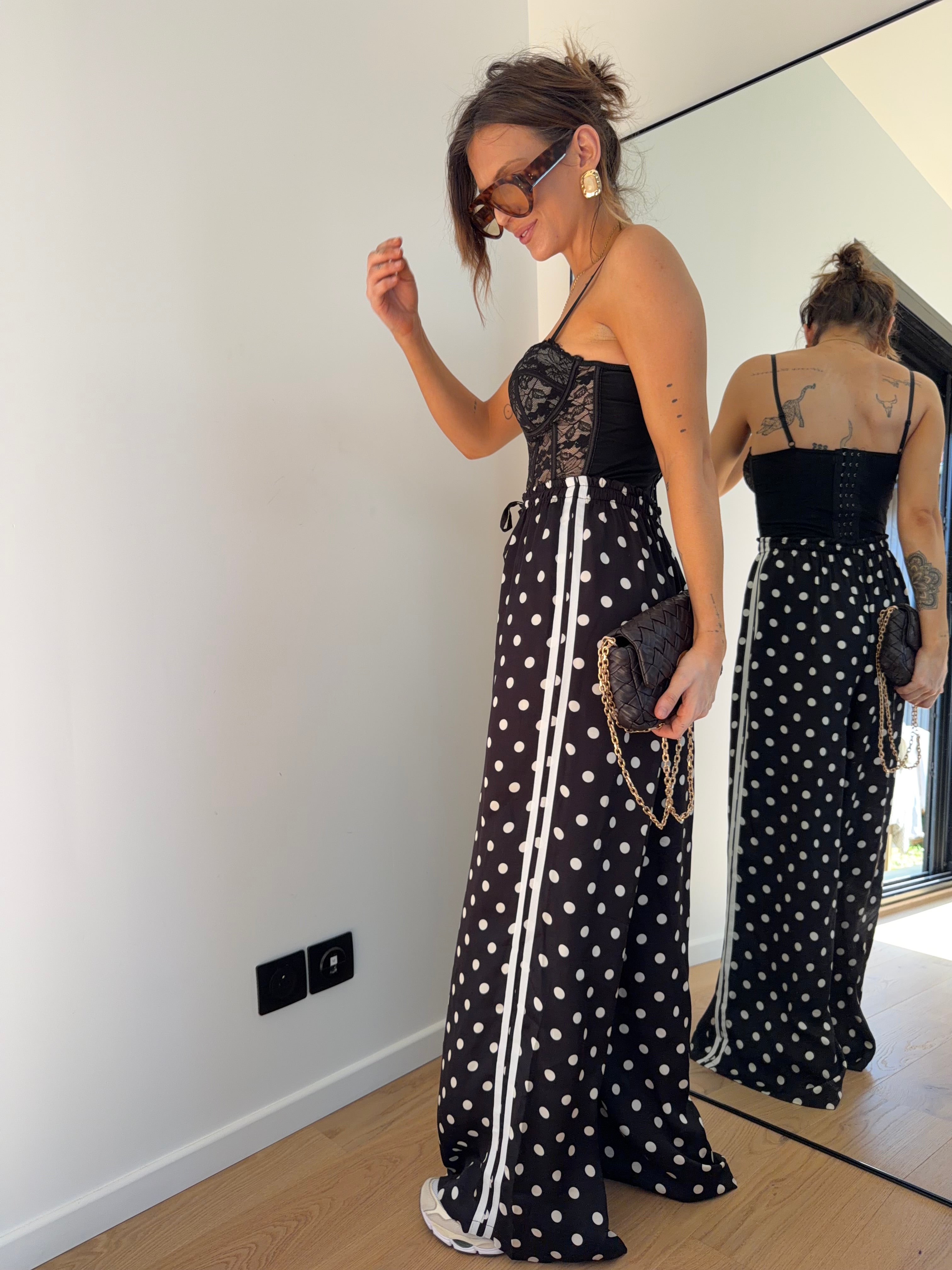 Pantalon en soie fluide à pois - noir