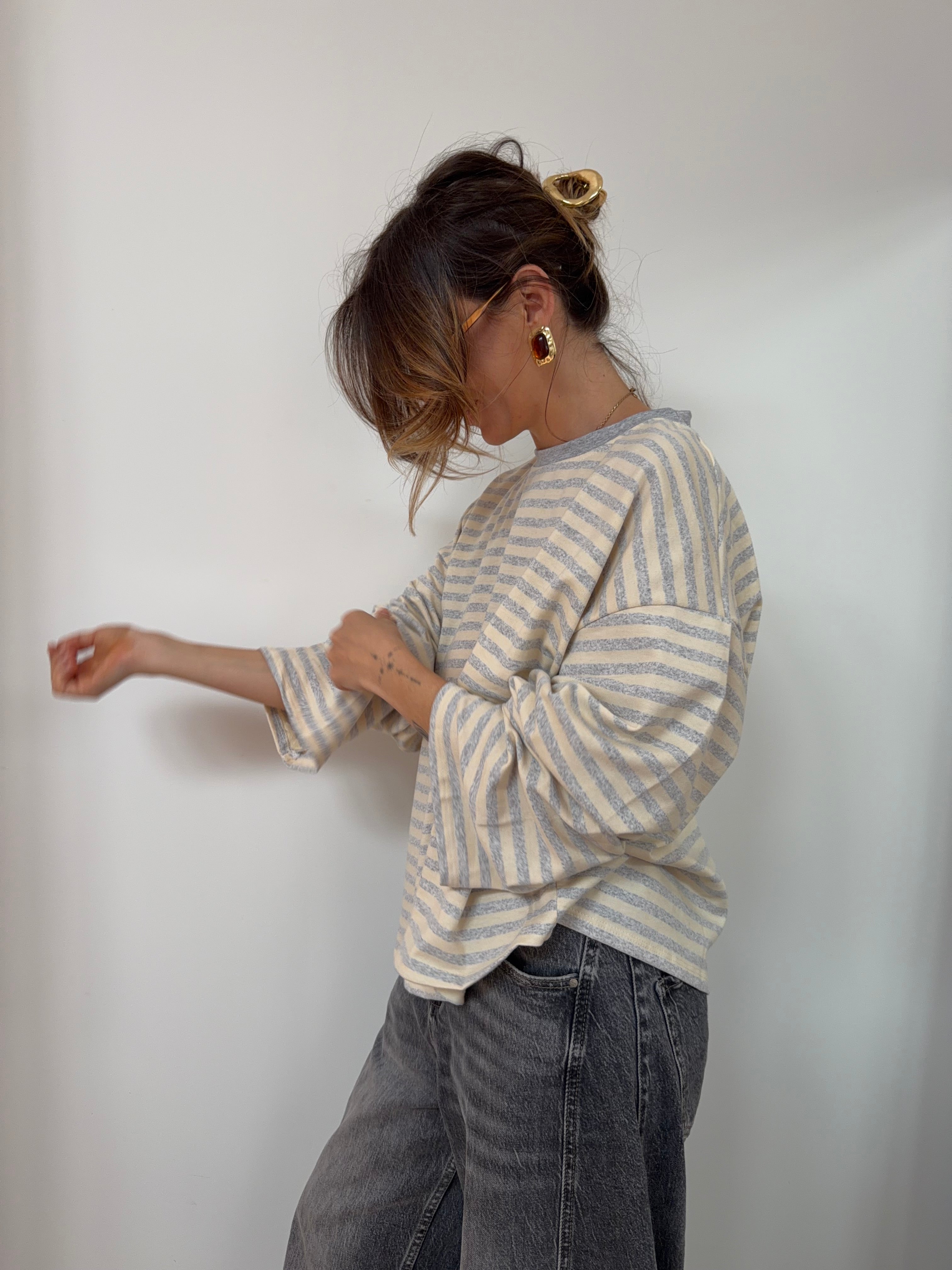 T-shirt manches longues rayé - gris et beige