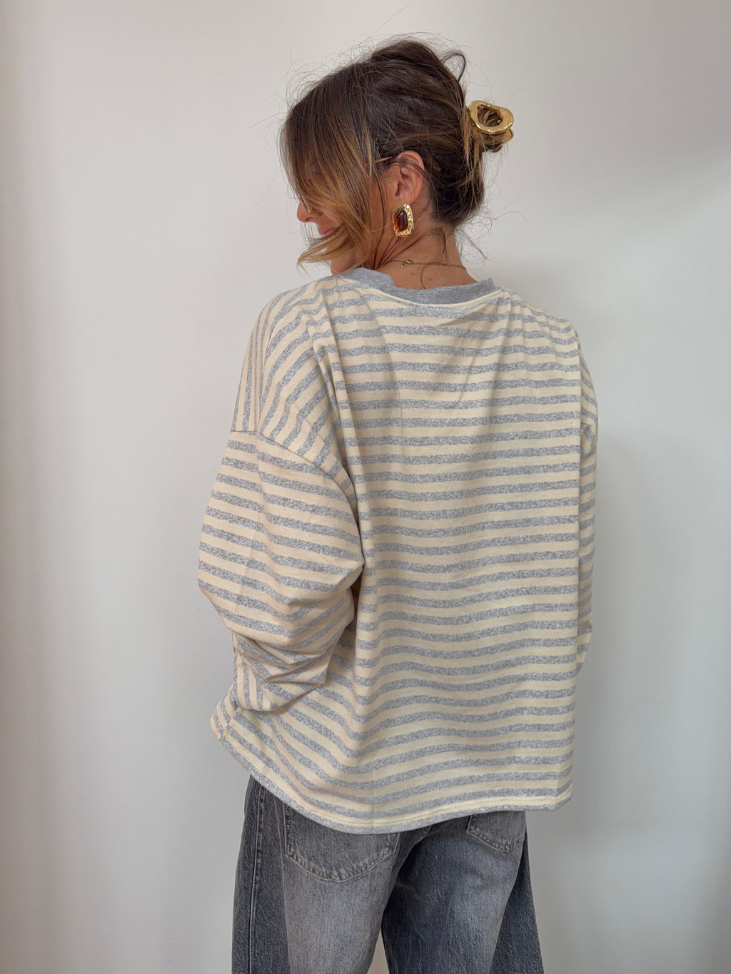 T-shirt manches longues rayé - gris et beige