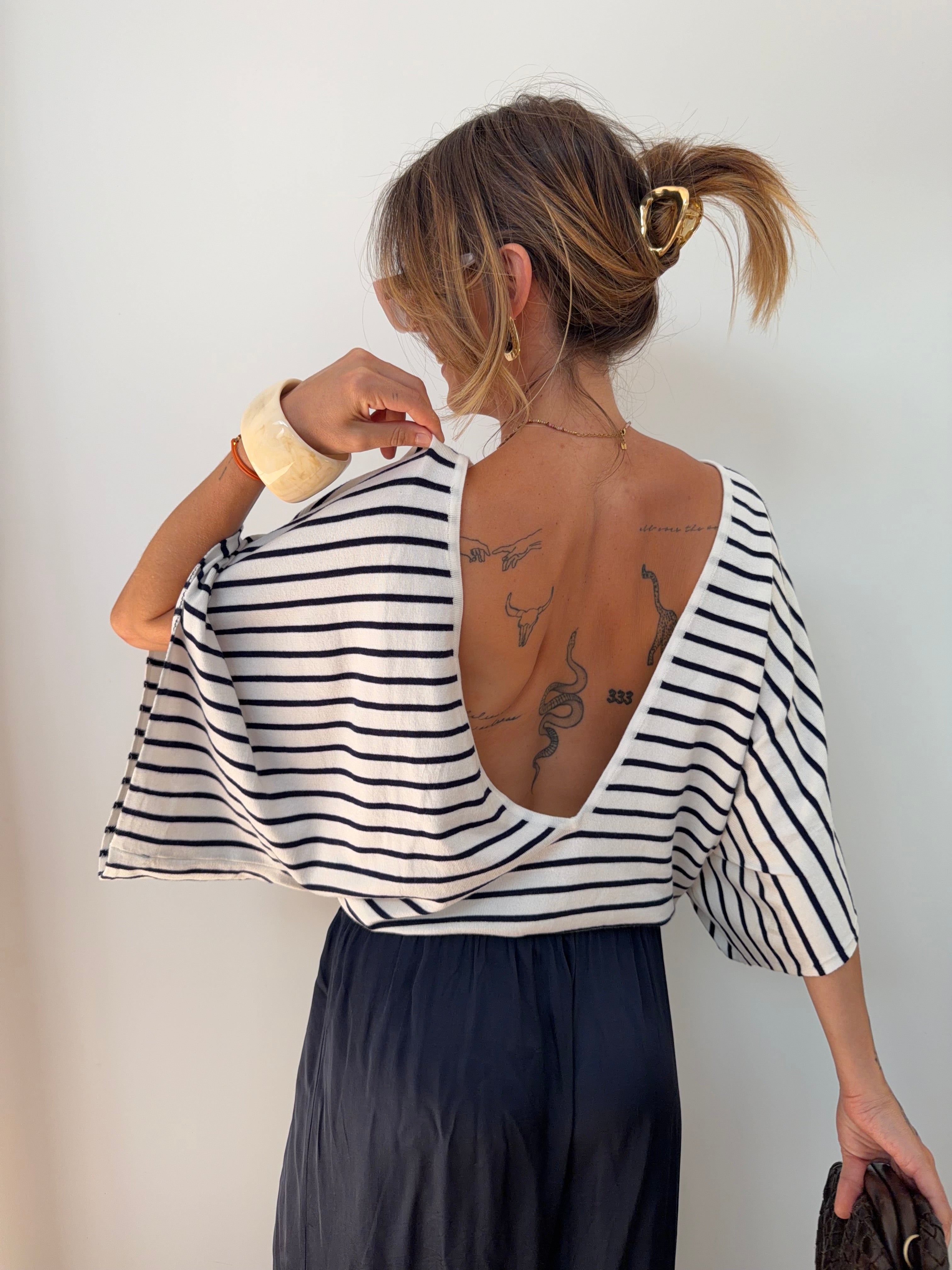Pull fin dos en V Lover's - rayé bleu