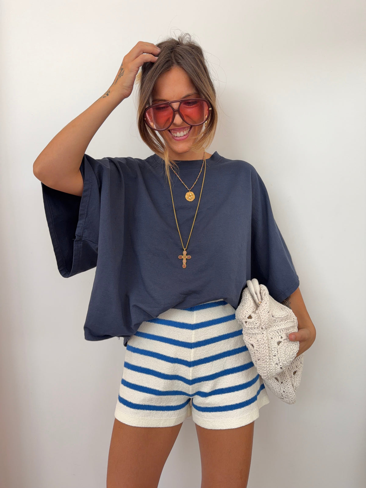 Short en éponge - rayé bleu
