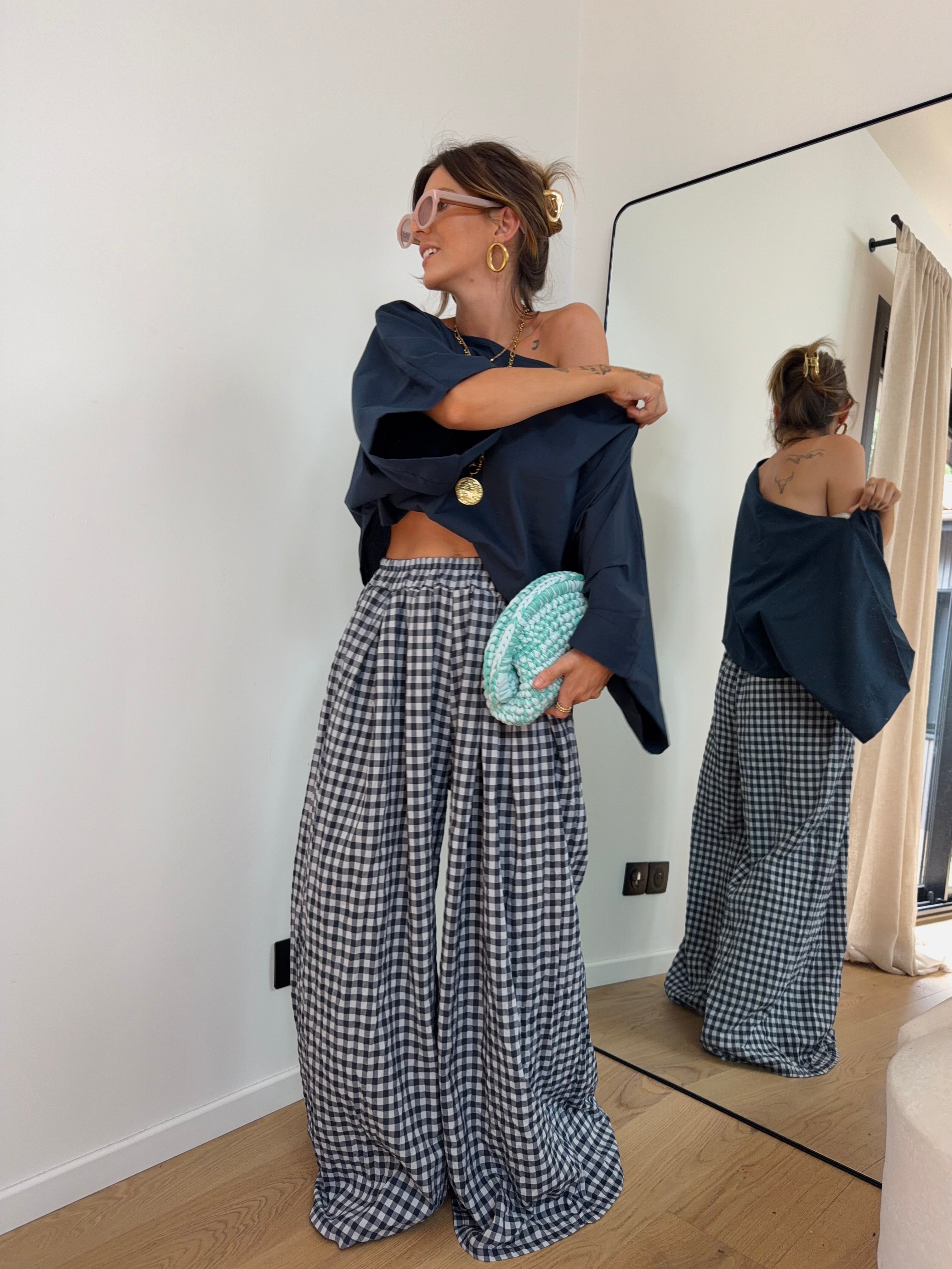 Pantalon large à carreaux - bleu marine