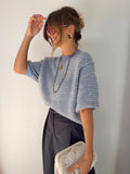 Pull manches 3/4 rayé - bleu clair