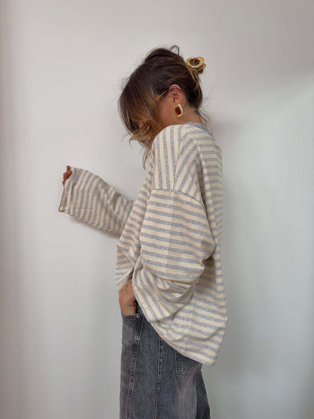 T-shirt manches longues rayé - gris et beige