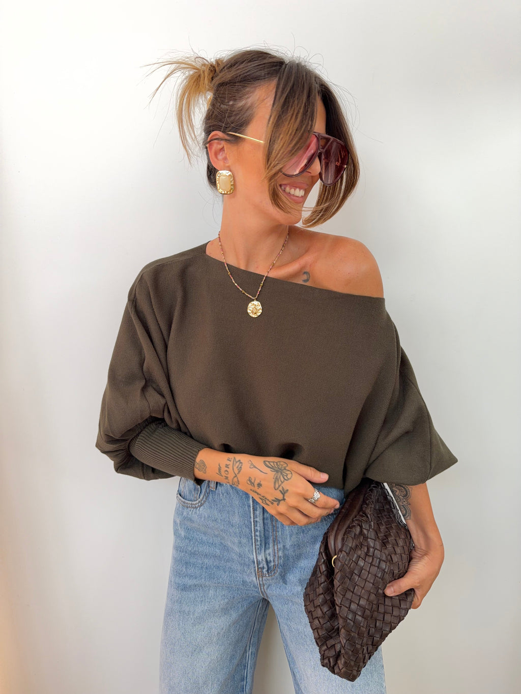 Pull asymétrique court - kaki