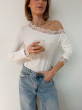 T-shirt manches longues à dentelle - blanc