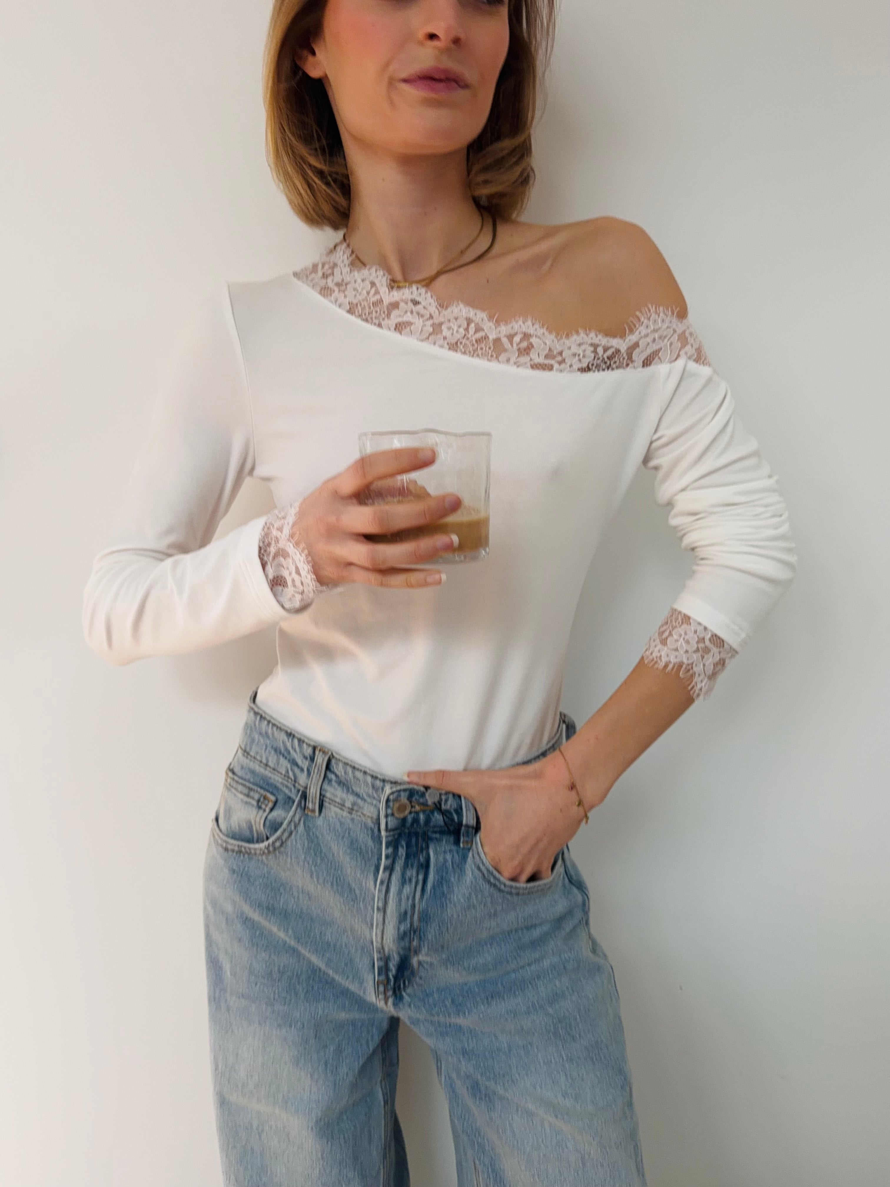T-shirt manches longues à dentelle - blanc