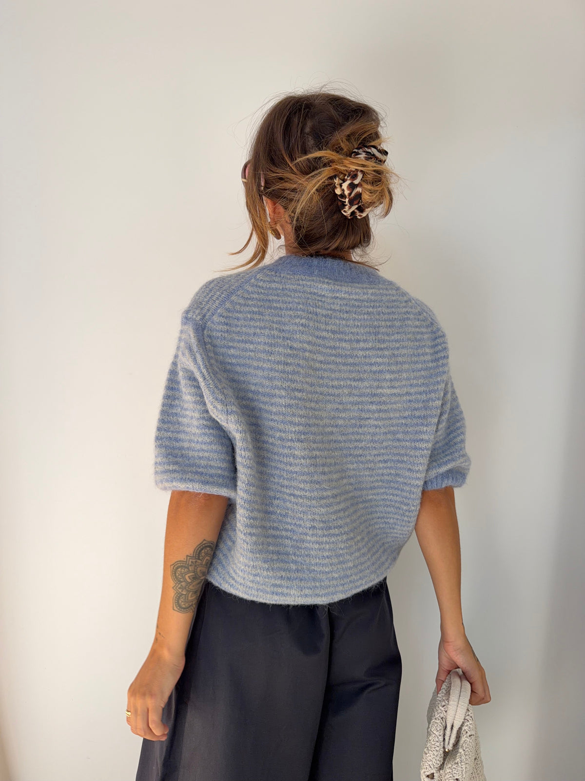Pull manches 3/4 rayé - bleu clair