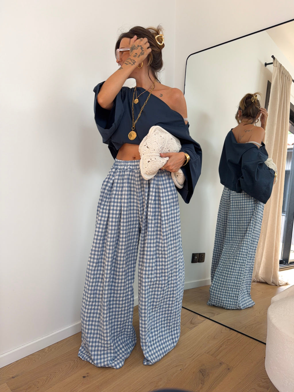 Pantalon large à carreaux - bleu clair