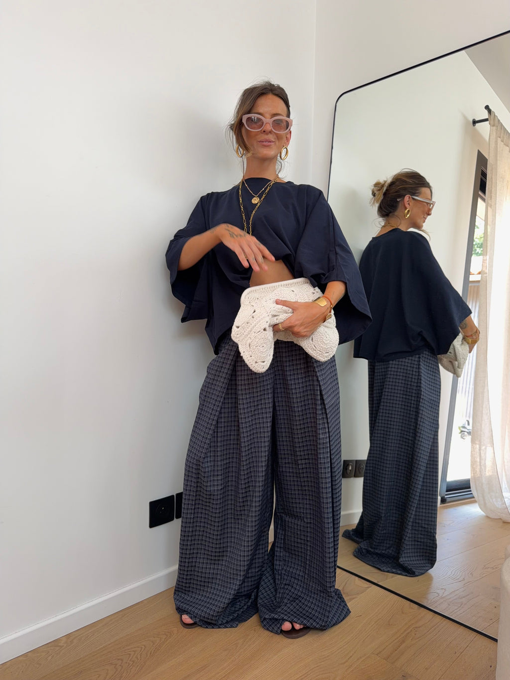 Pantalon large à carreaux - bleu marine et gris