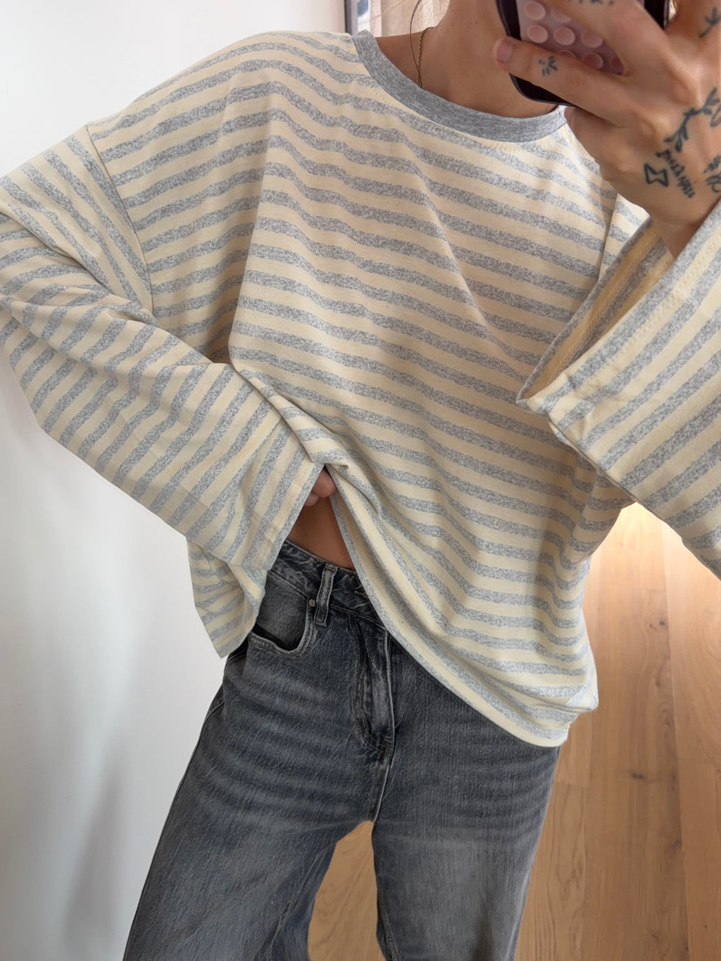 T-shirt manches longues rayé - gris et beige