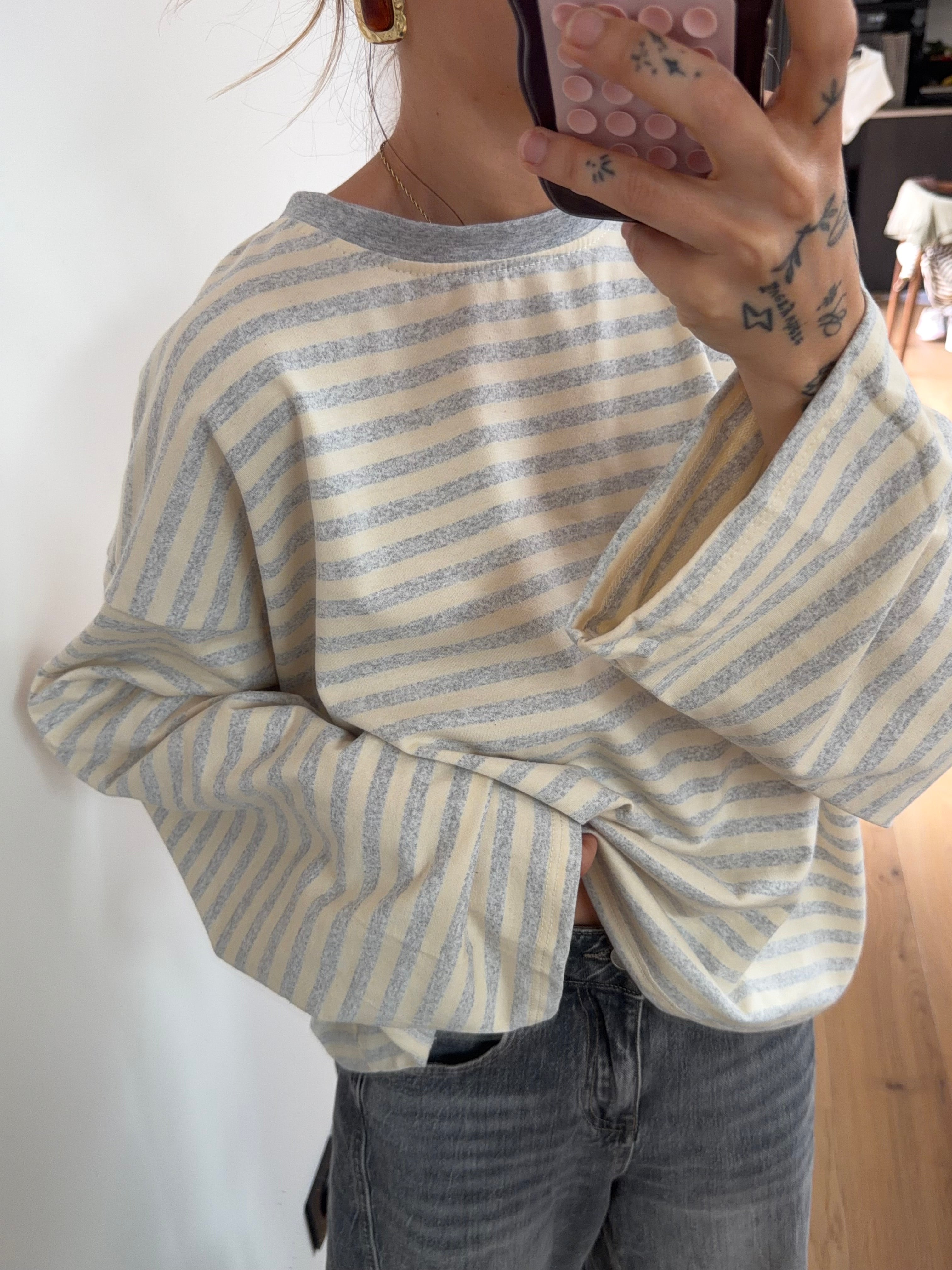 T-shirt manches longues rayé - gris et beige