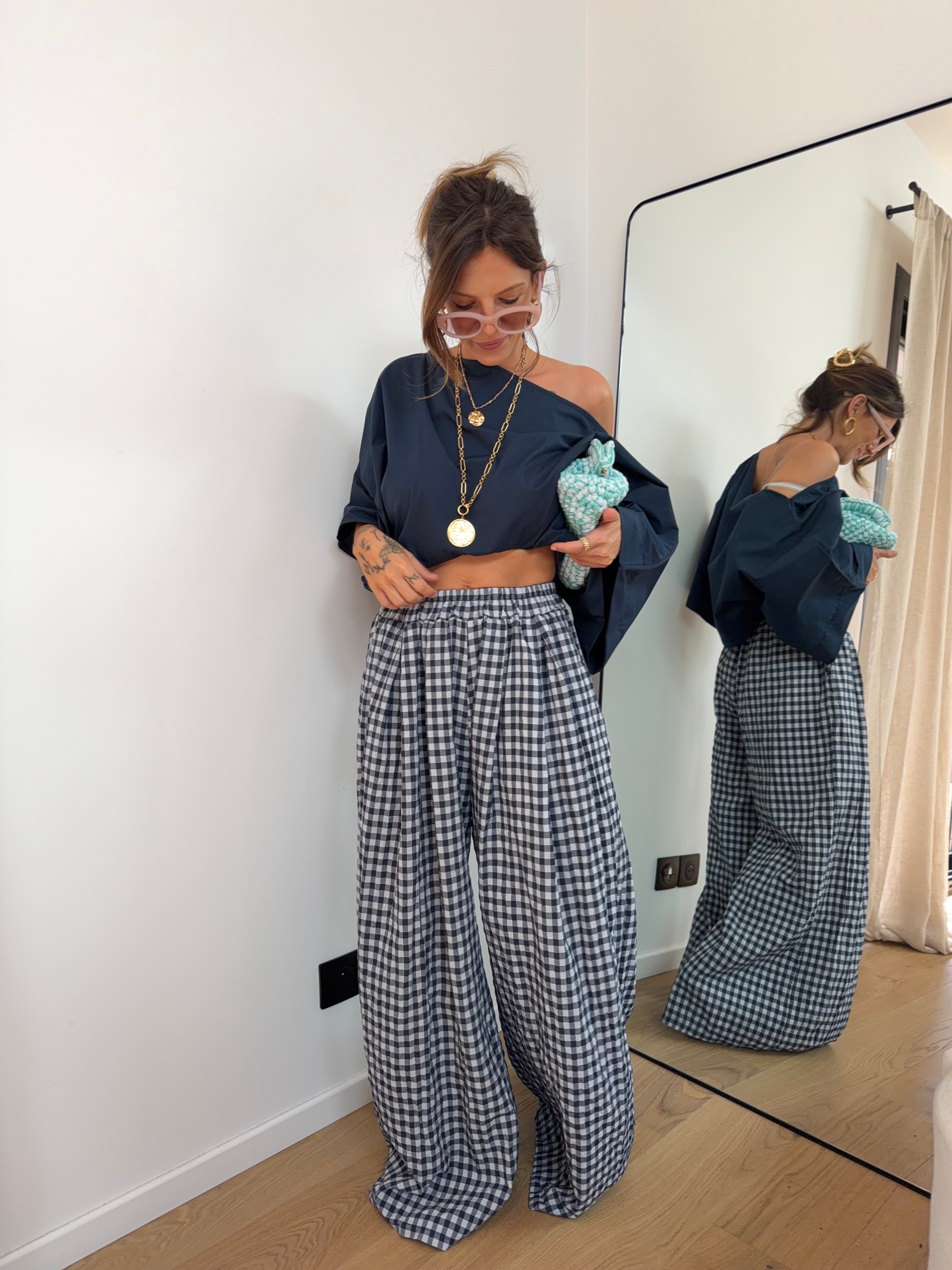Pantalon large à carreaux - bleu marine