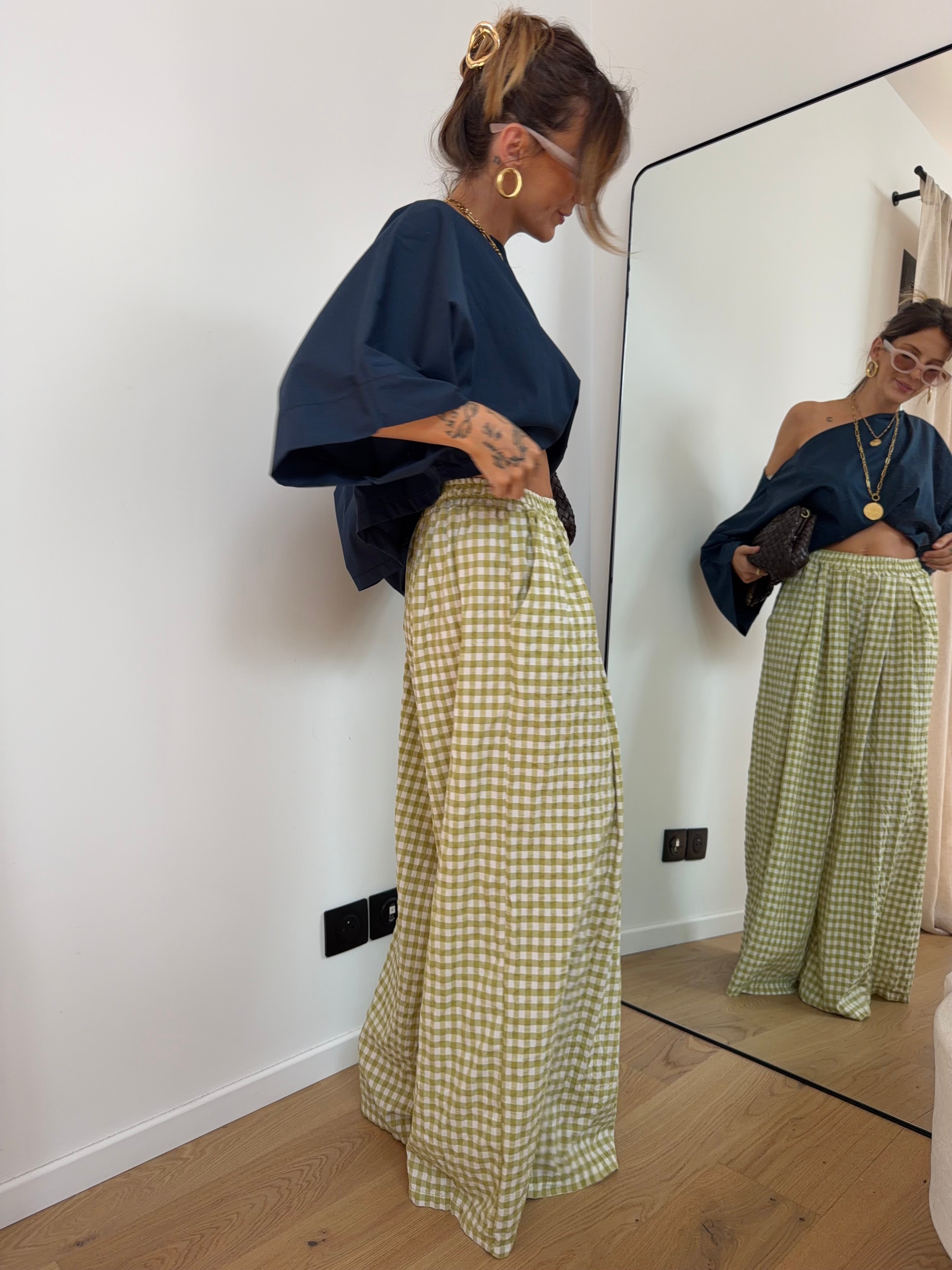 Pantalon large à carreaux - vert anis