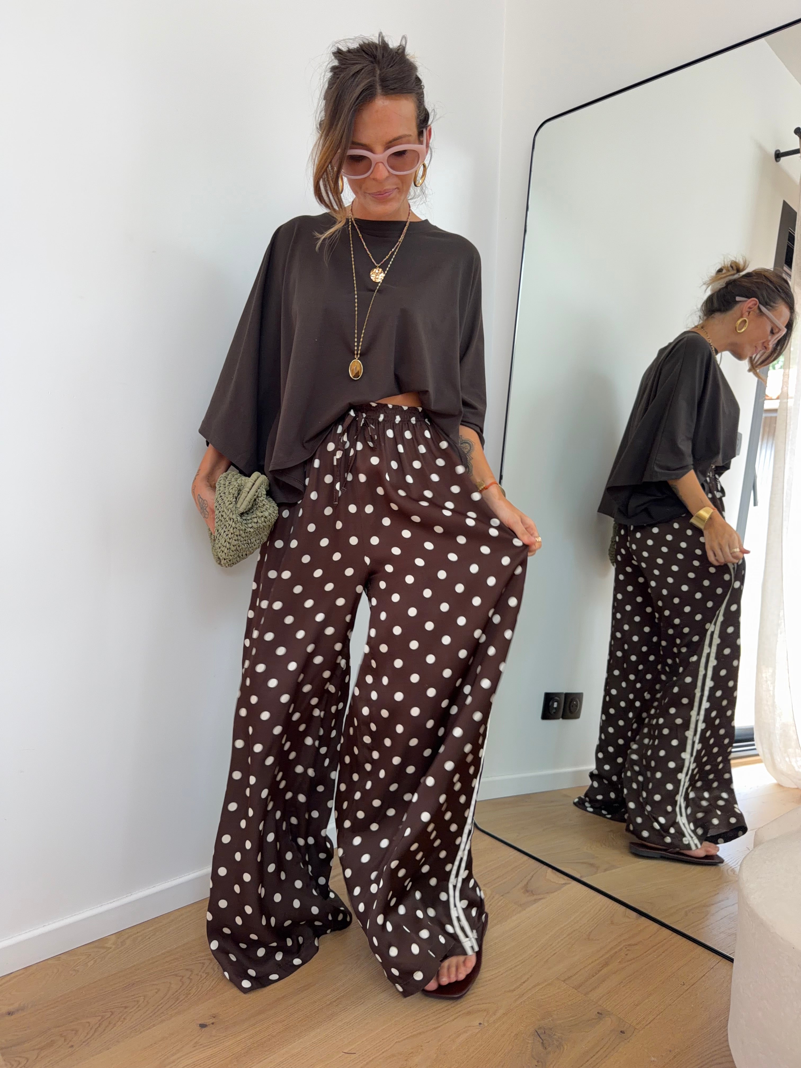 Pantalon en soie fluide à pois - chocolat