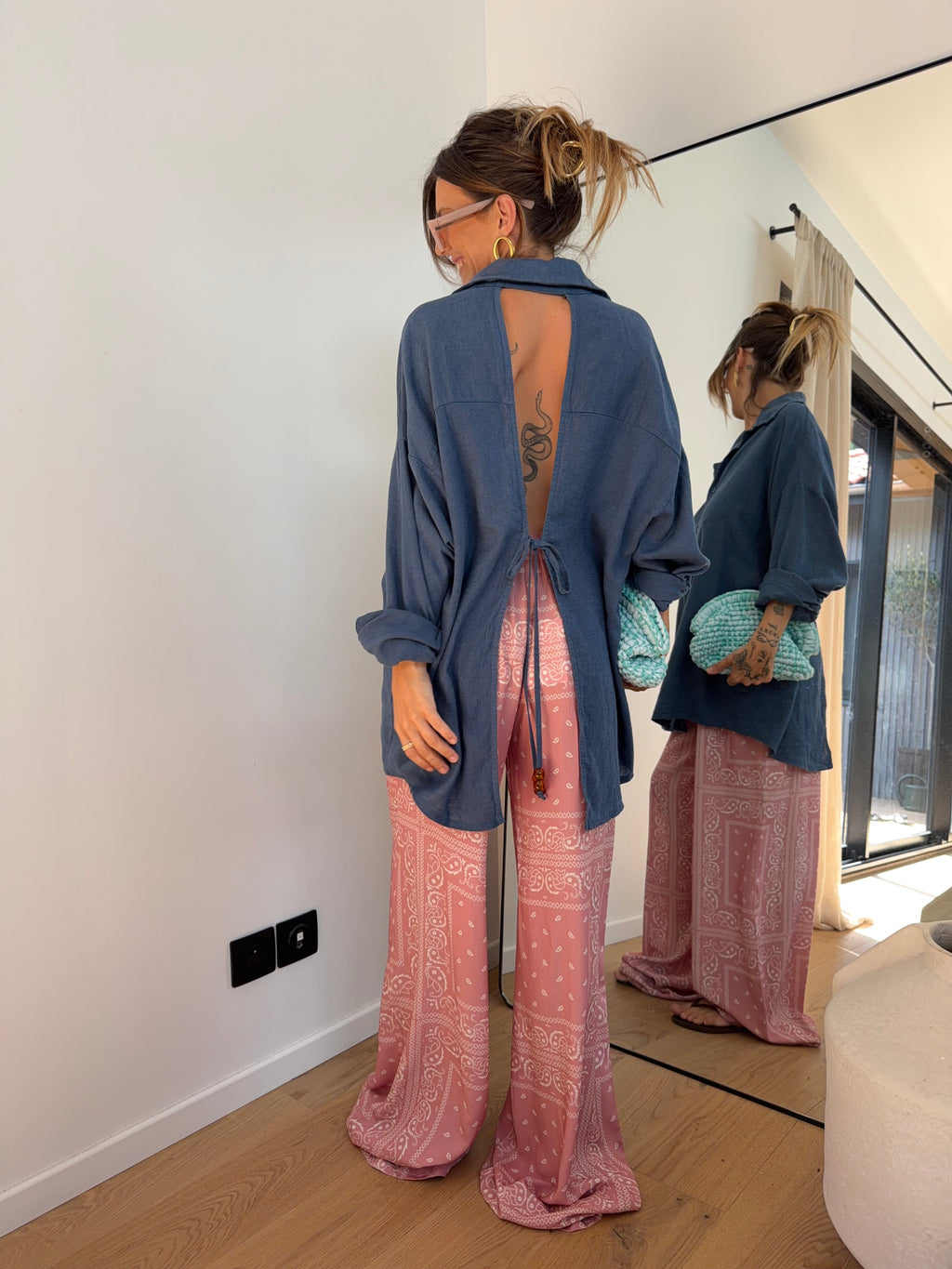 Chemise dos nu en lin - bleue