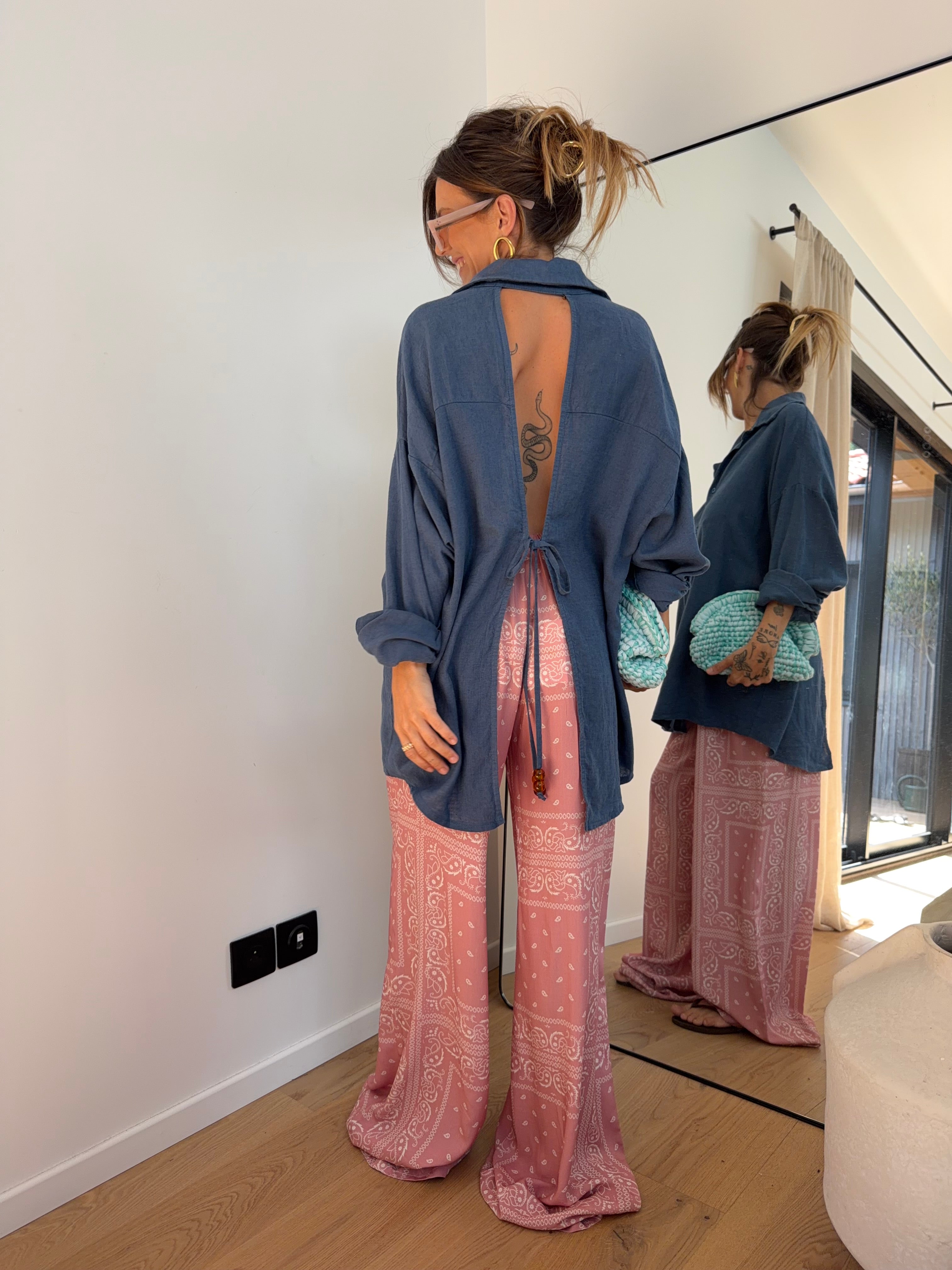 Chemise dos nu en lin - bleue