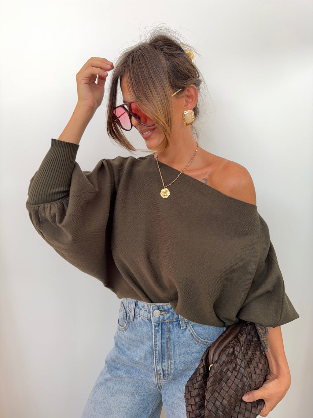 Pull asymétrique court - kaki