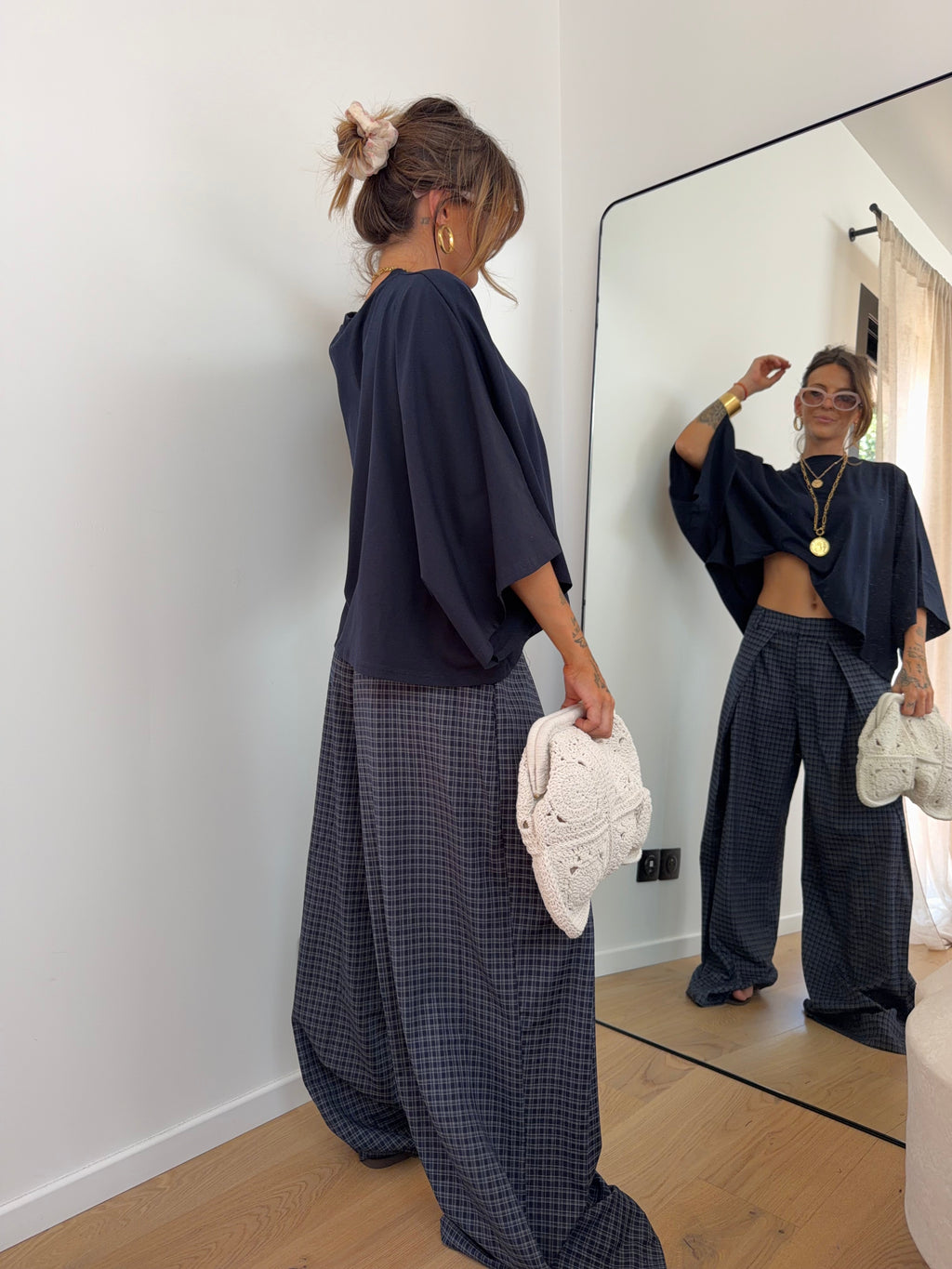 Pantalon large à carreaux - bleu marine et gris