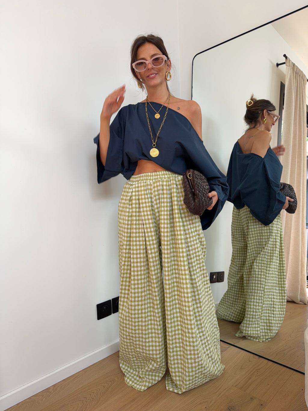 Pantalon large à carreaux - vert anis