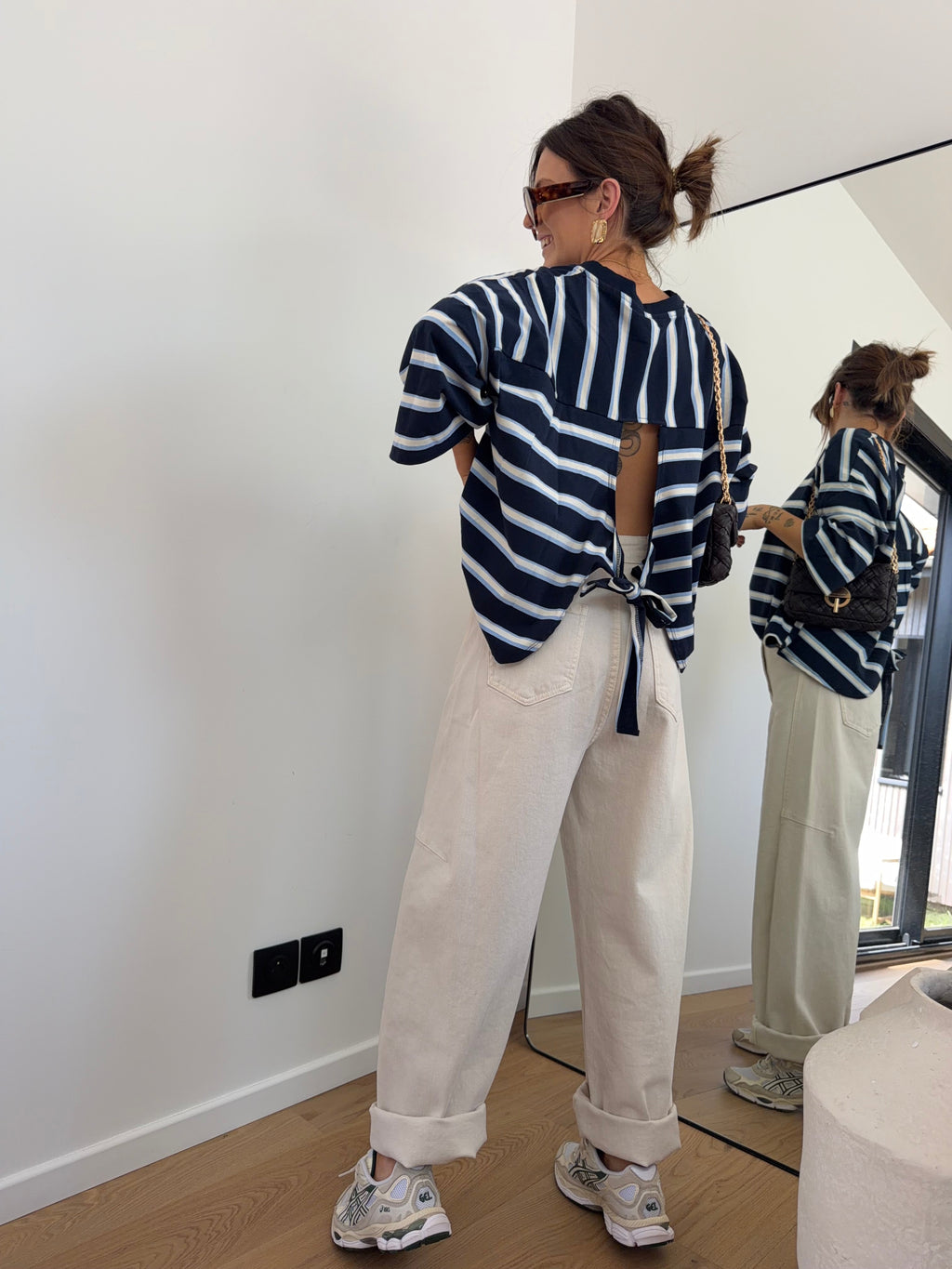 T-shirt rayé avec noeud - bleu marine