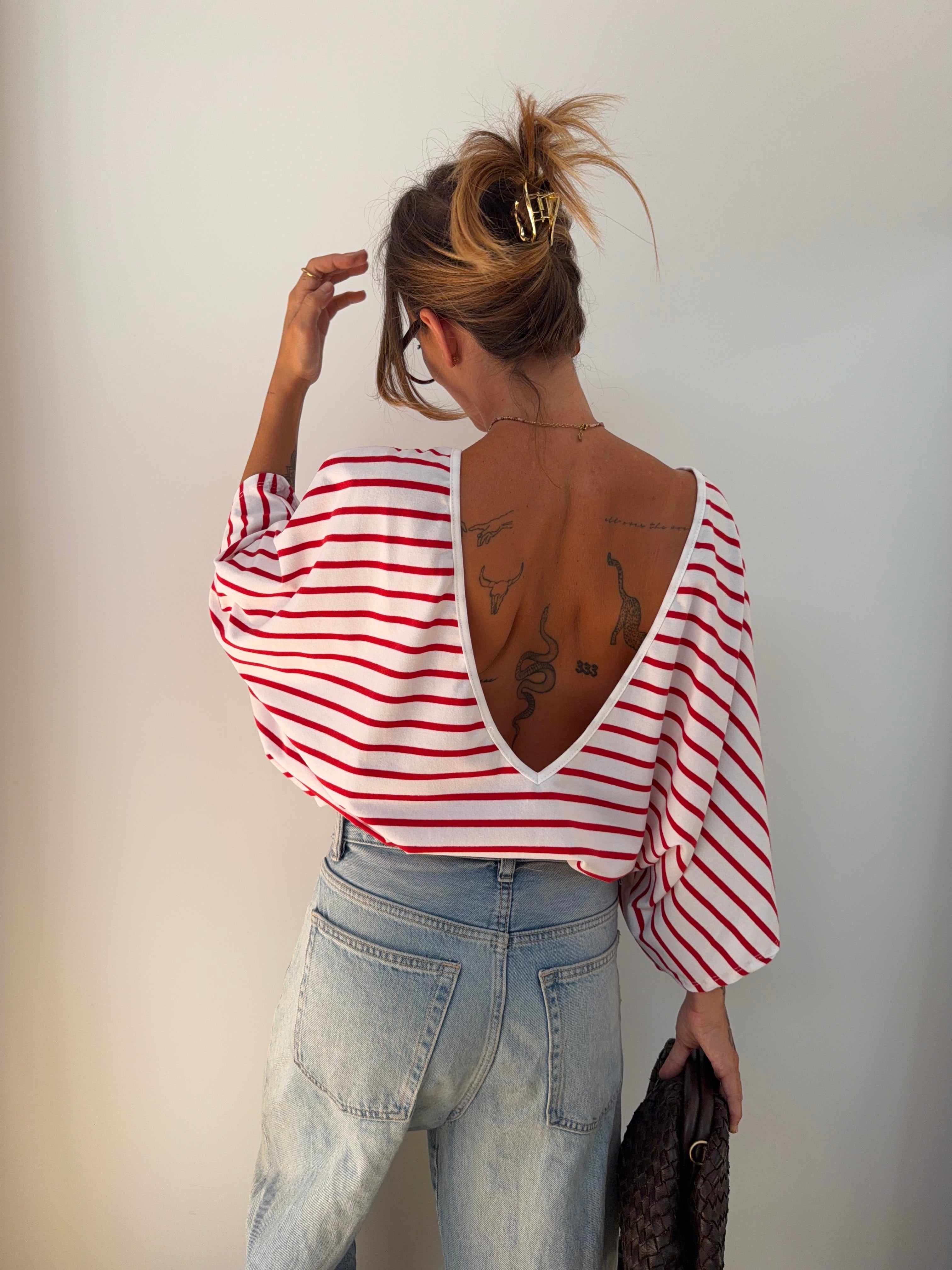 T-shirt dos nu V - blanc rayé rouge