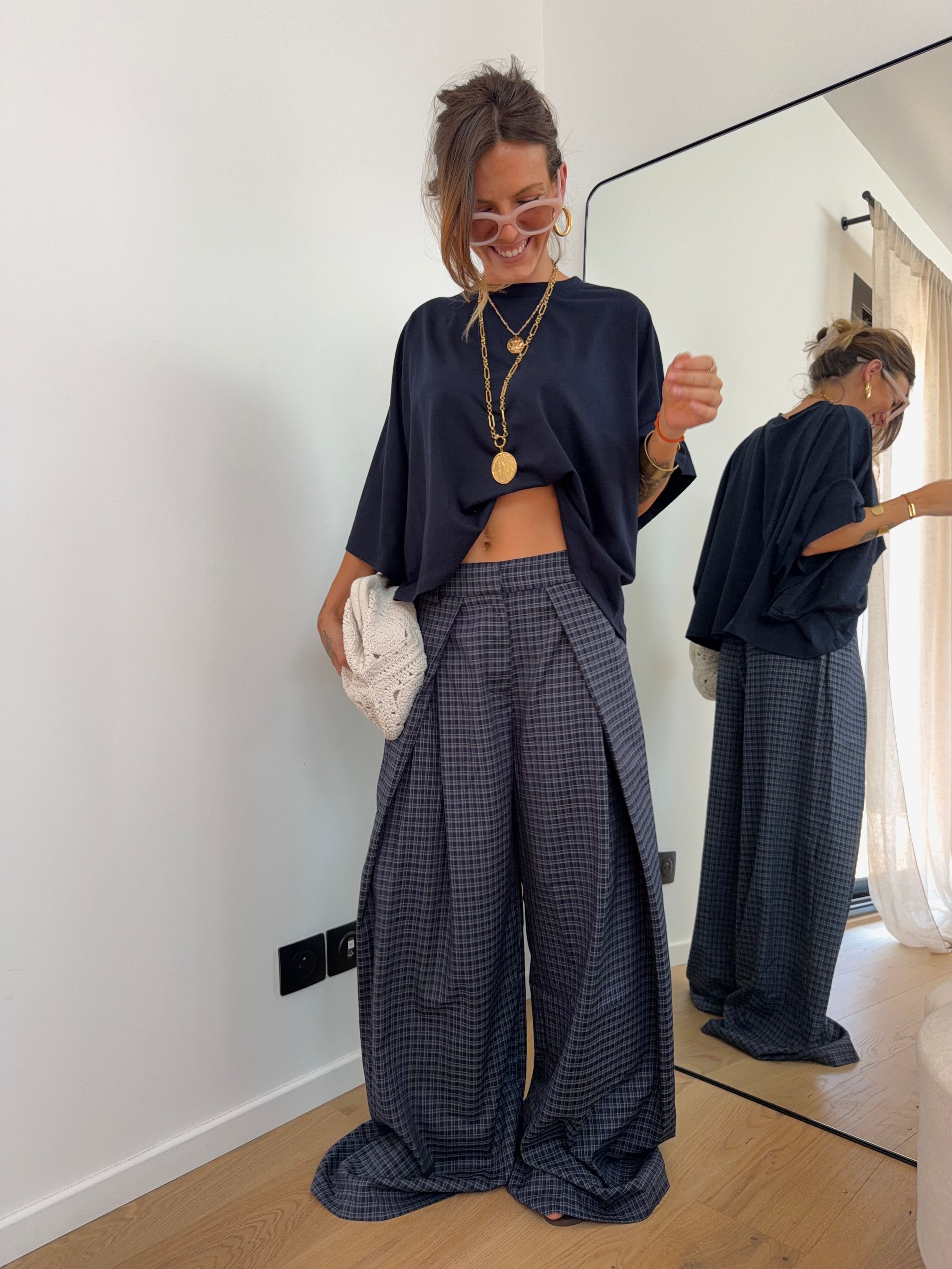 Pantalon large à carreaux - bleu marine et gris