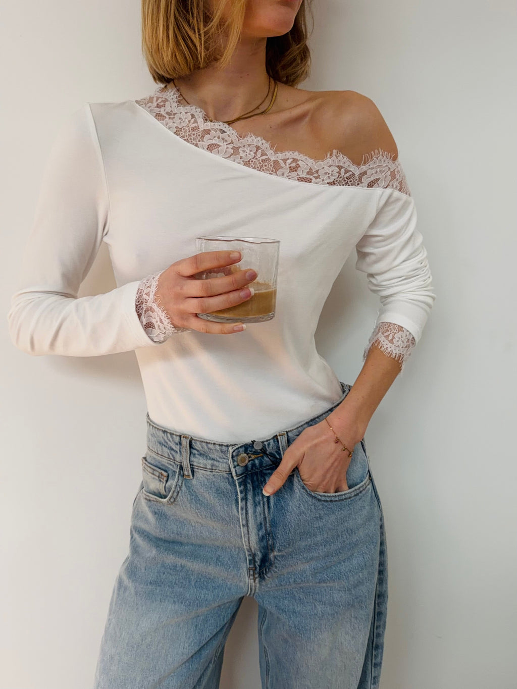 T-shirt manches longues à dentelle - blanc