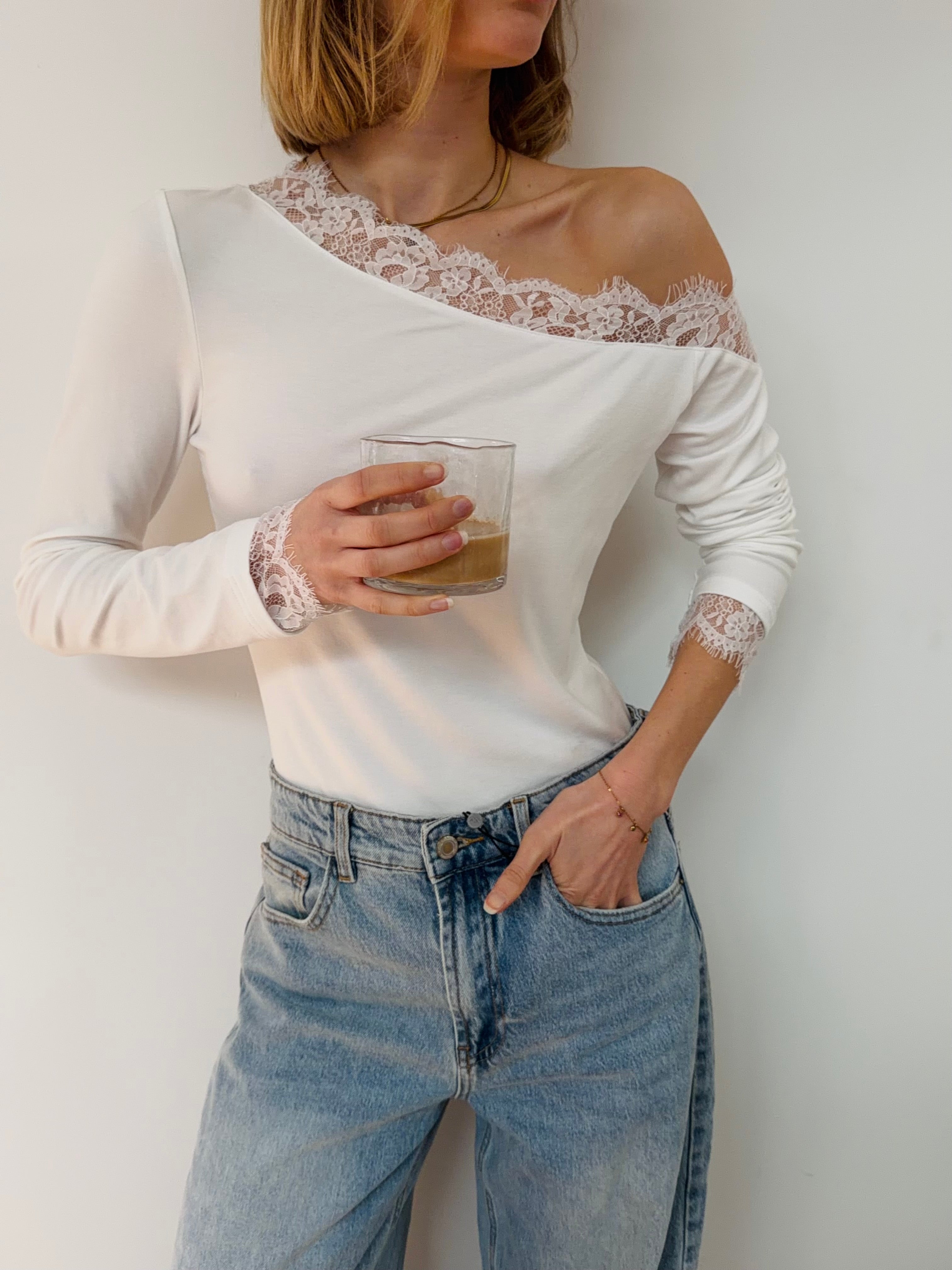 T-shirt manches longues à dentelle - blanc