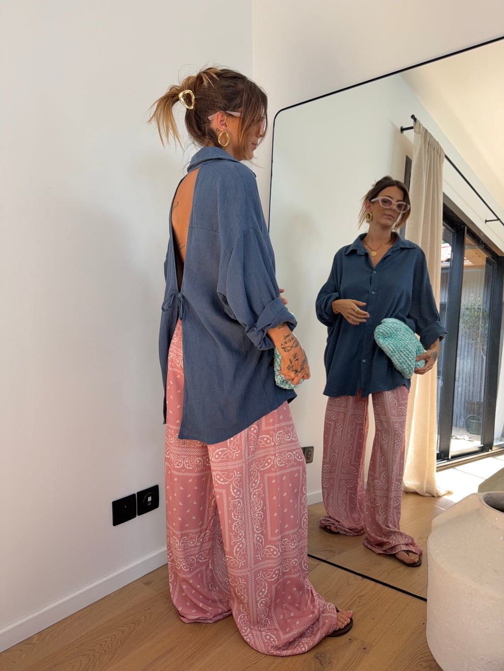 Chemise dos nu en lin - bleue