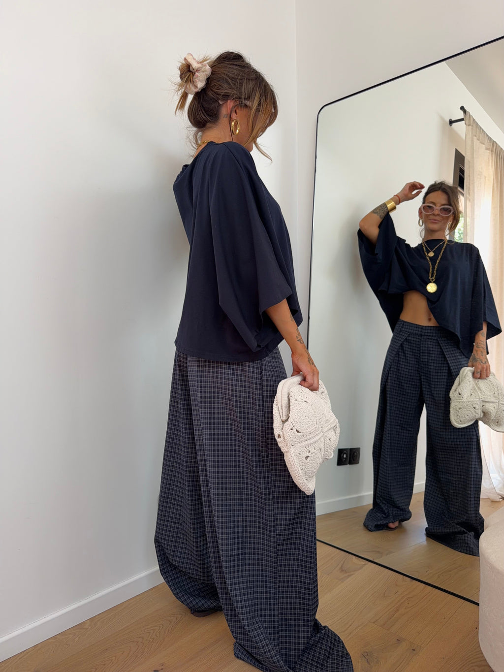 Pantalon large à carreaux - bleu marine et gris