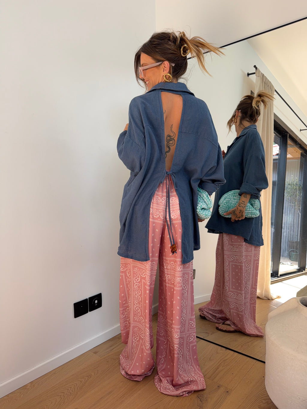 Chemise dos nu en lin - bleue