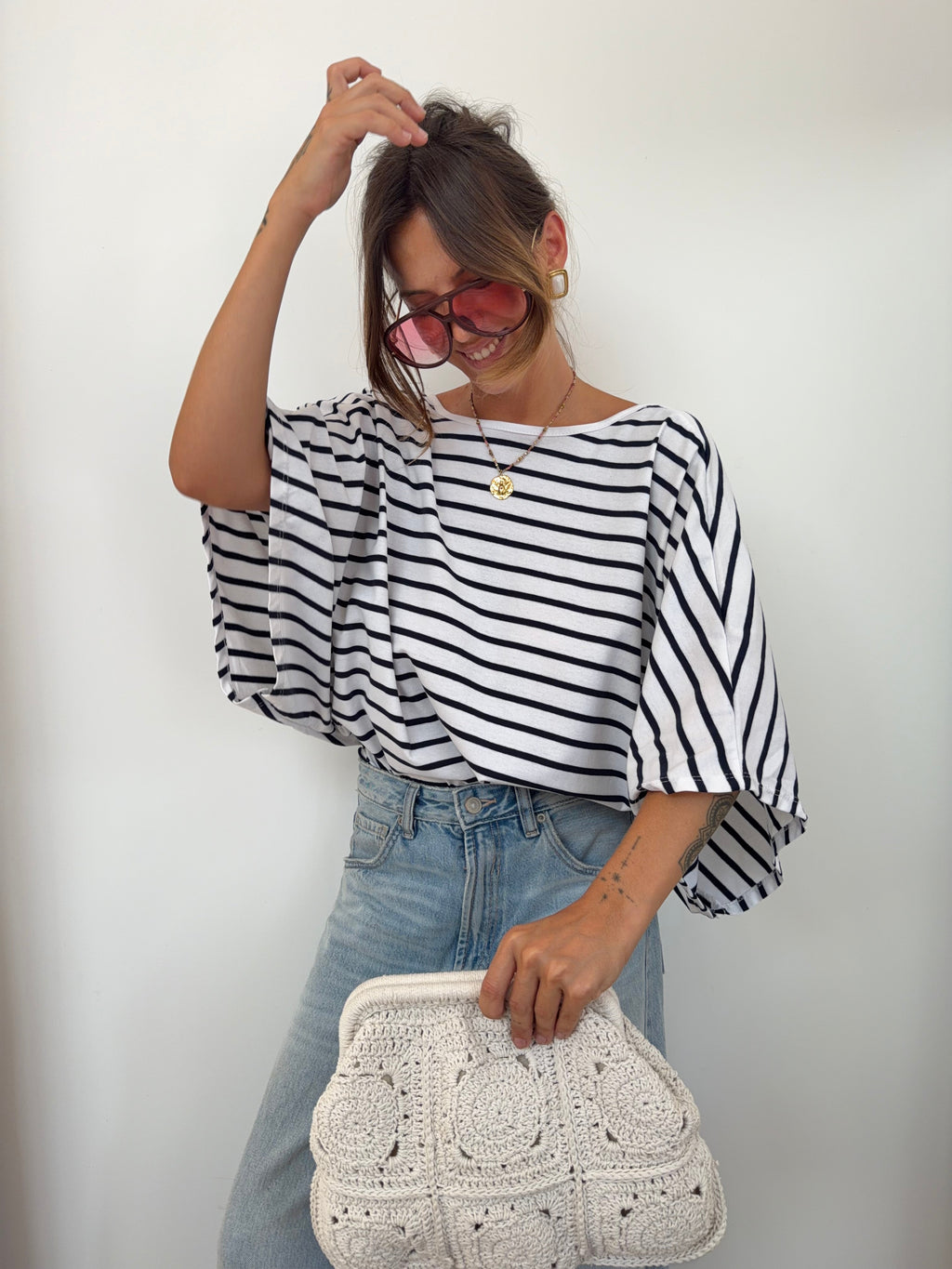 T-shirt dos nu V - blanc rayé bleu