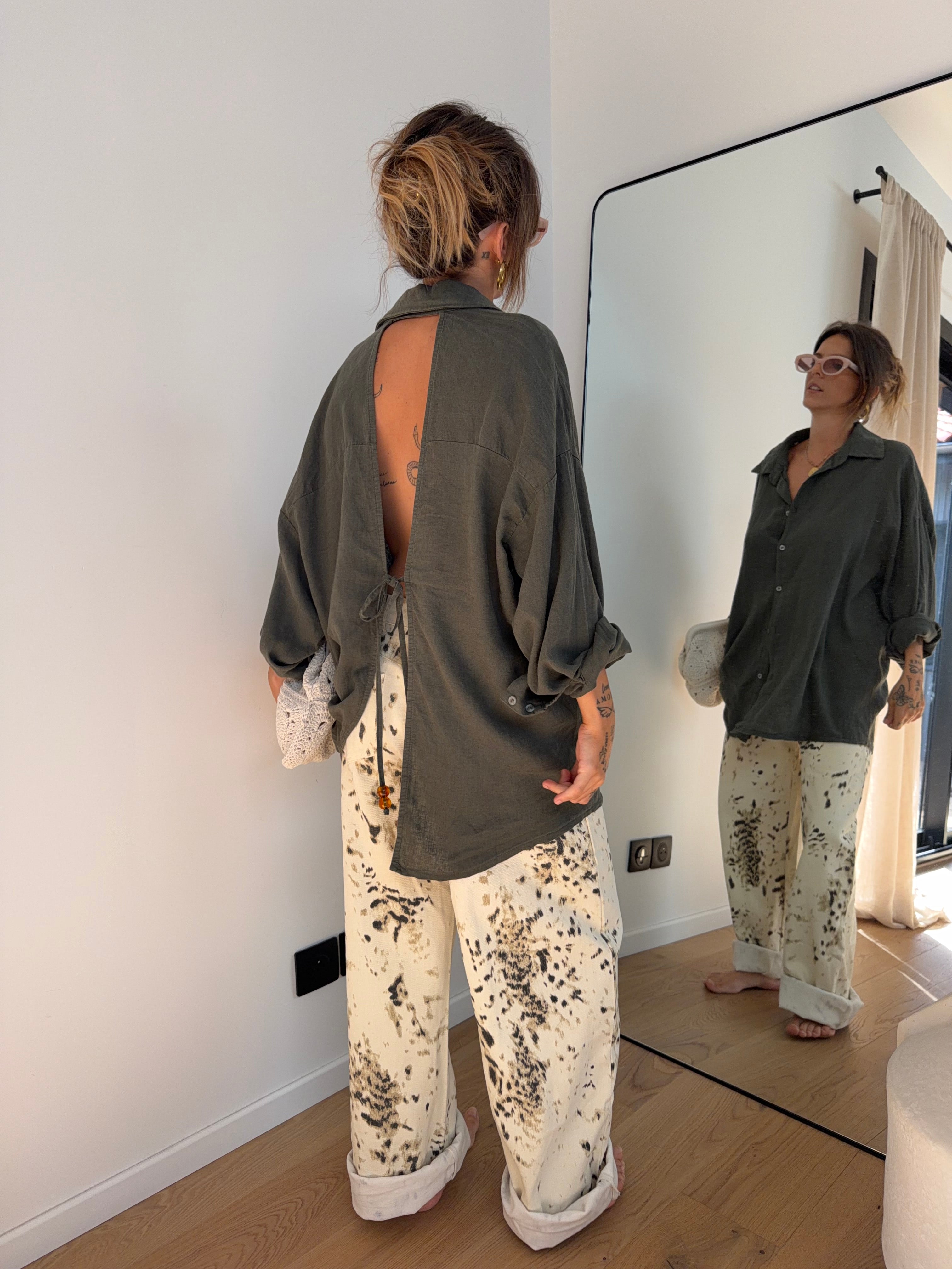 Chemise dos nu en lin - kaki