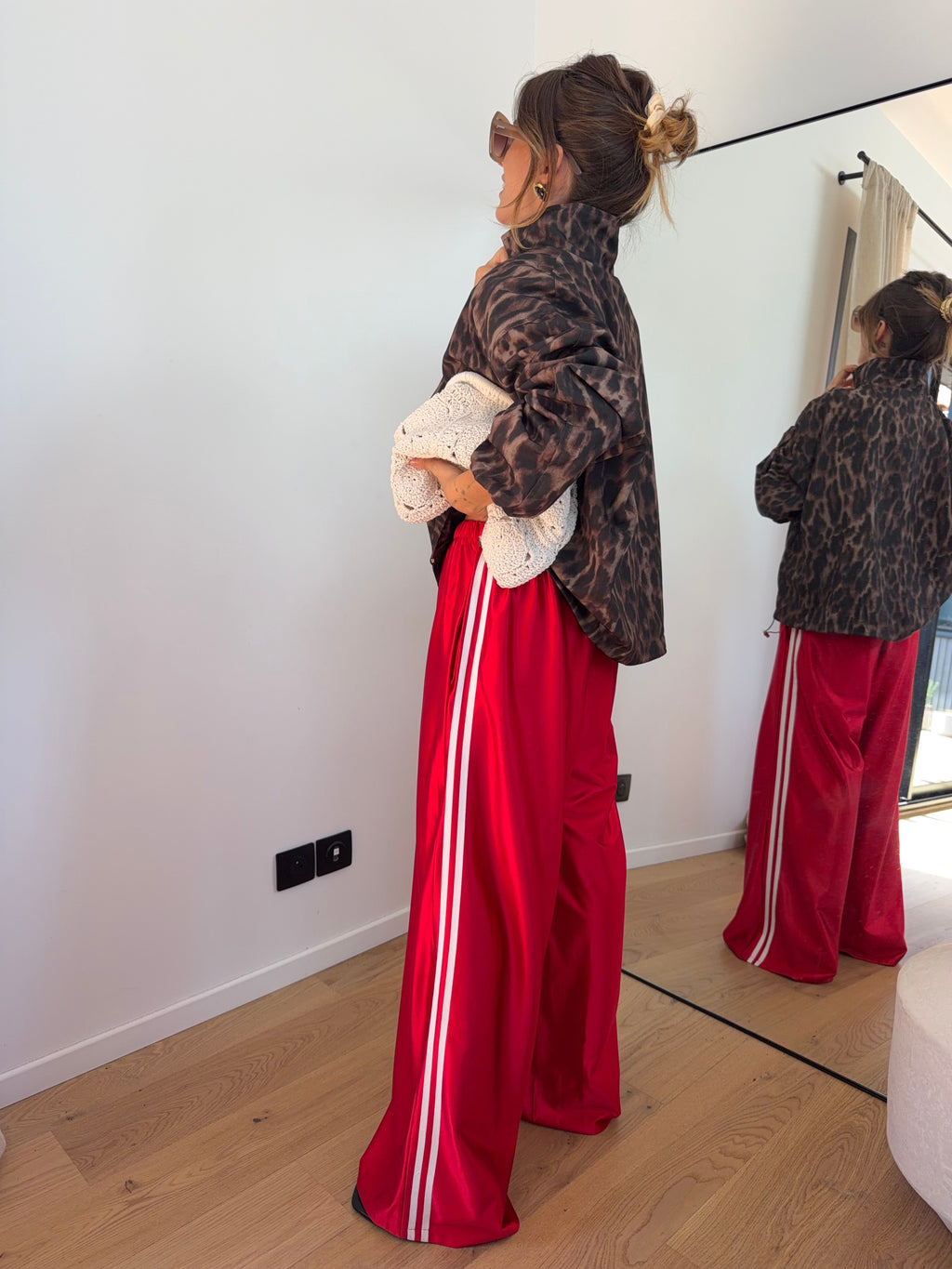 Pantalon métallisé à bandes - rouge