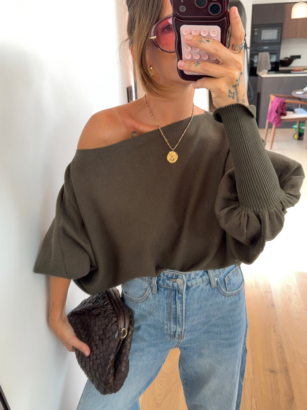 Pull asymétrique court - kaki