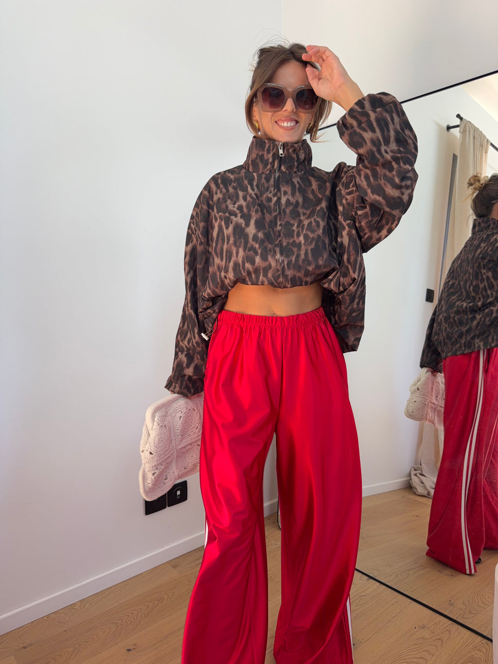 Pantalon métallisé à bandes - rouge