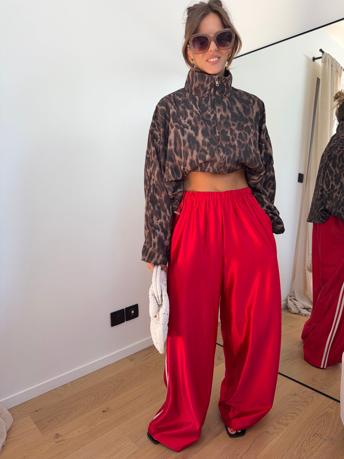 Pantalon métallisé à bandes - rouge