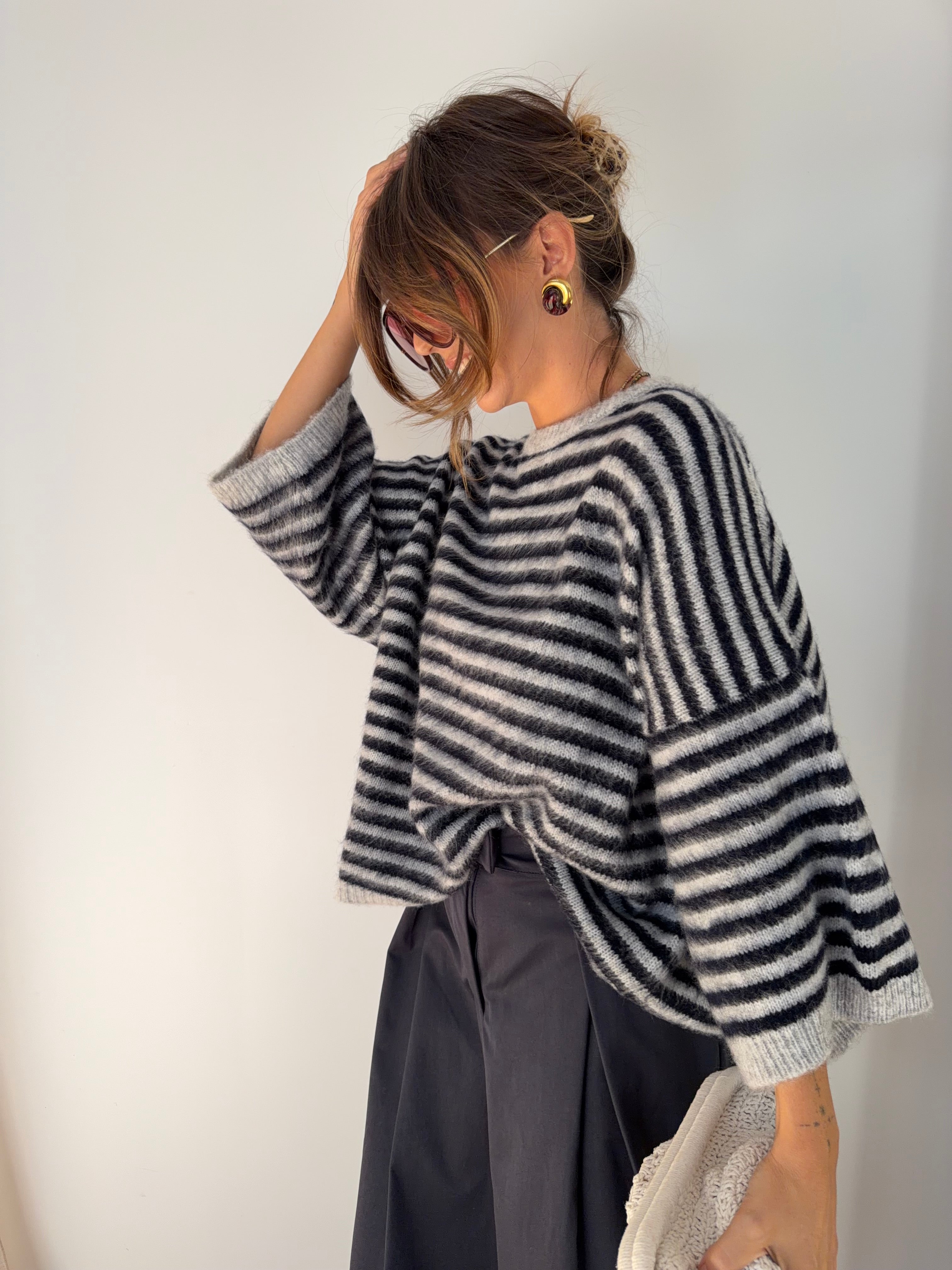 Pull manches 3/4 rayé - bleu marine