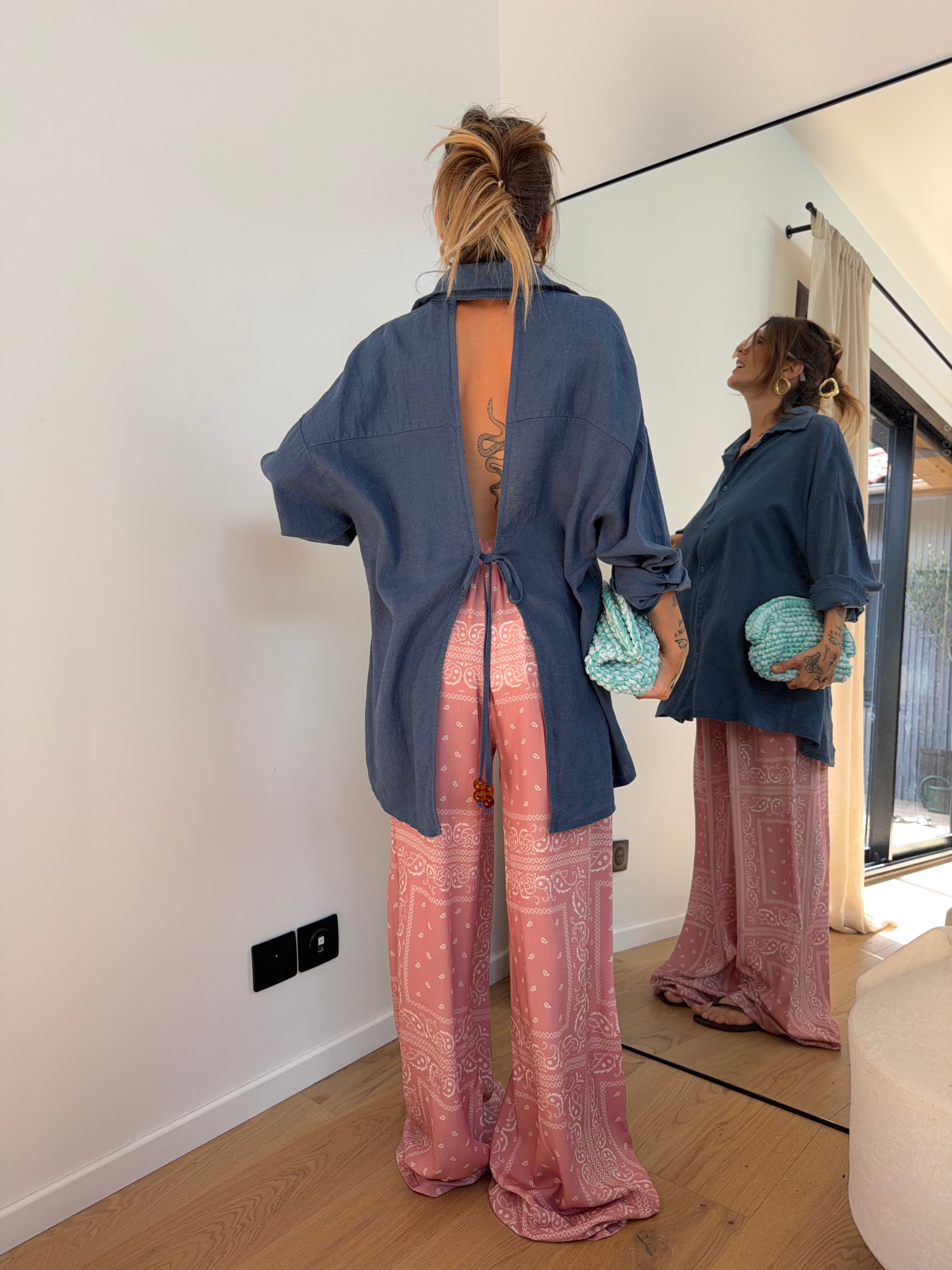Chemise dos nu en lin - bleue