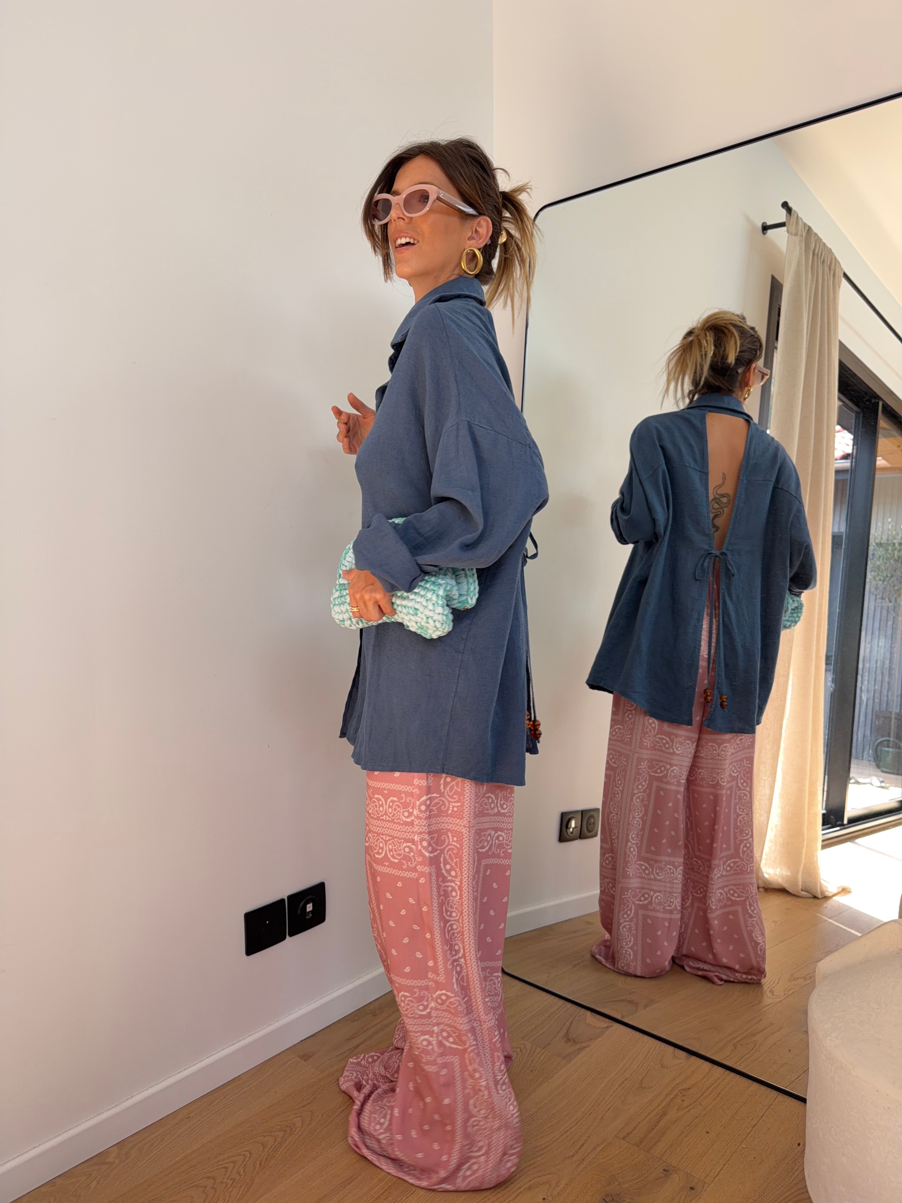 Chemise dos nu en lin - bleue