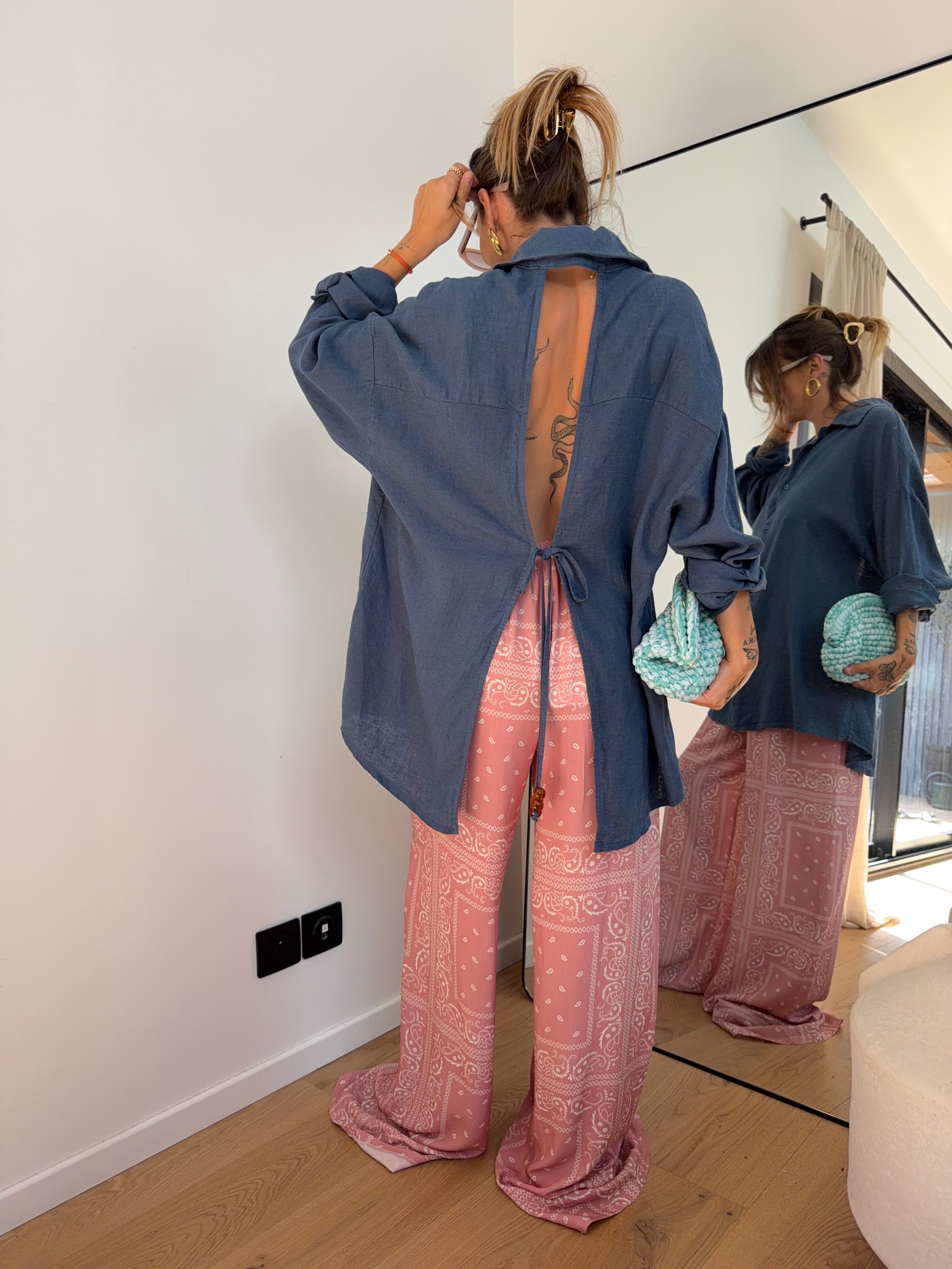 Chemise dos nu en lin - bleue