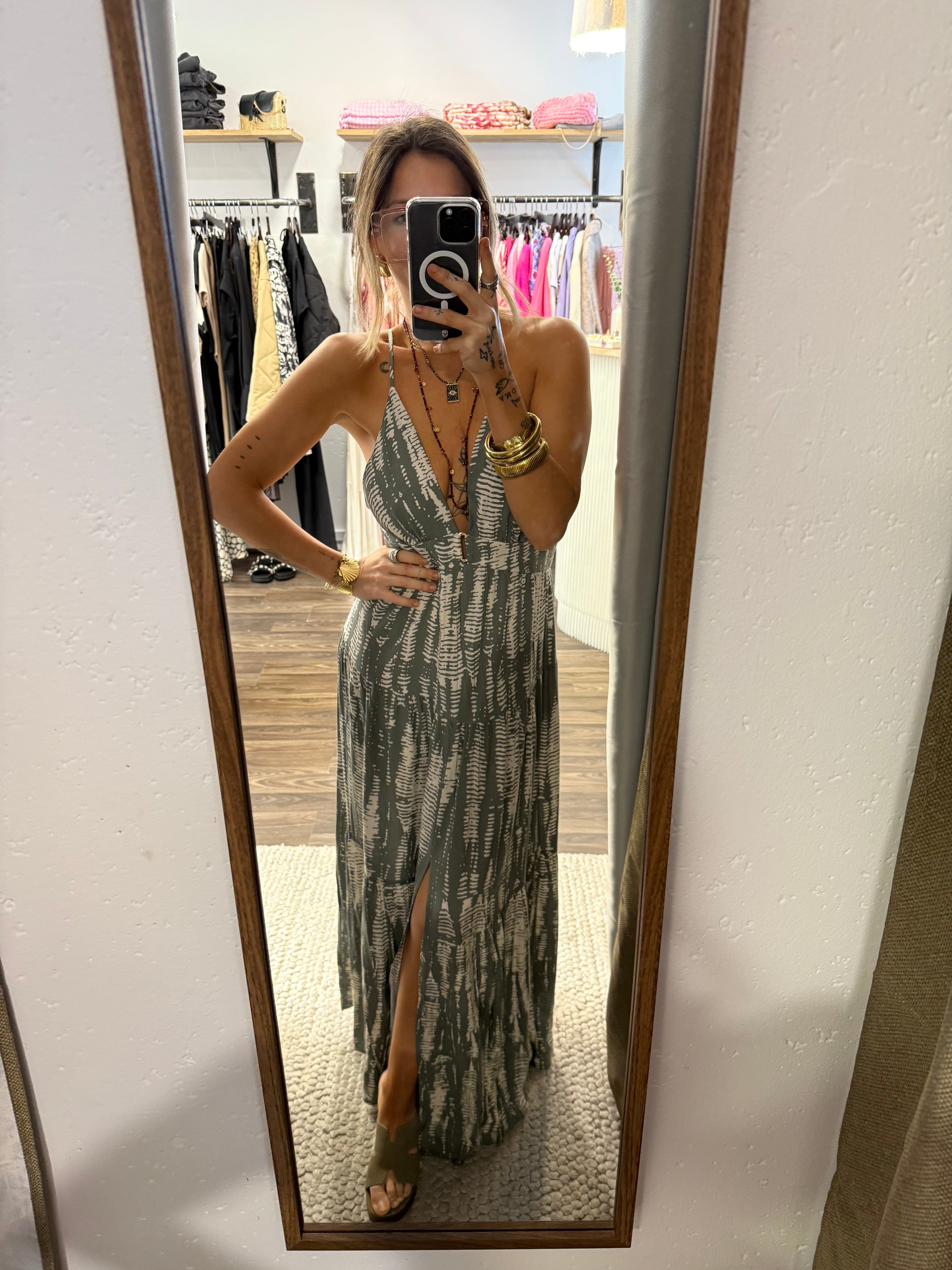 Robe dos nu à motifs - kaki