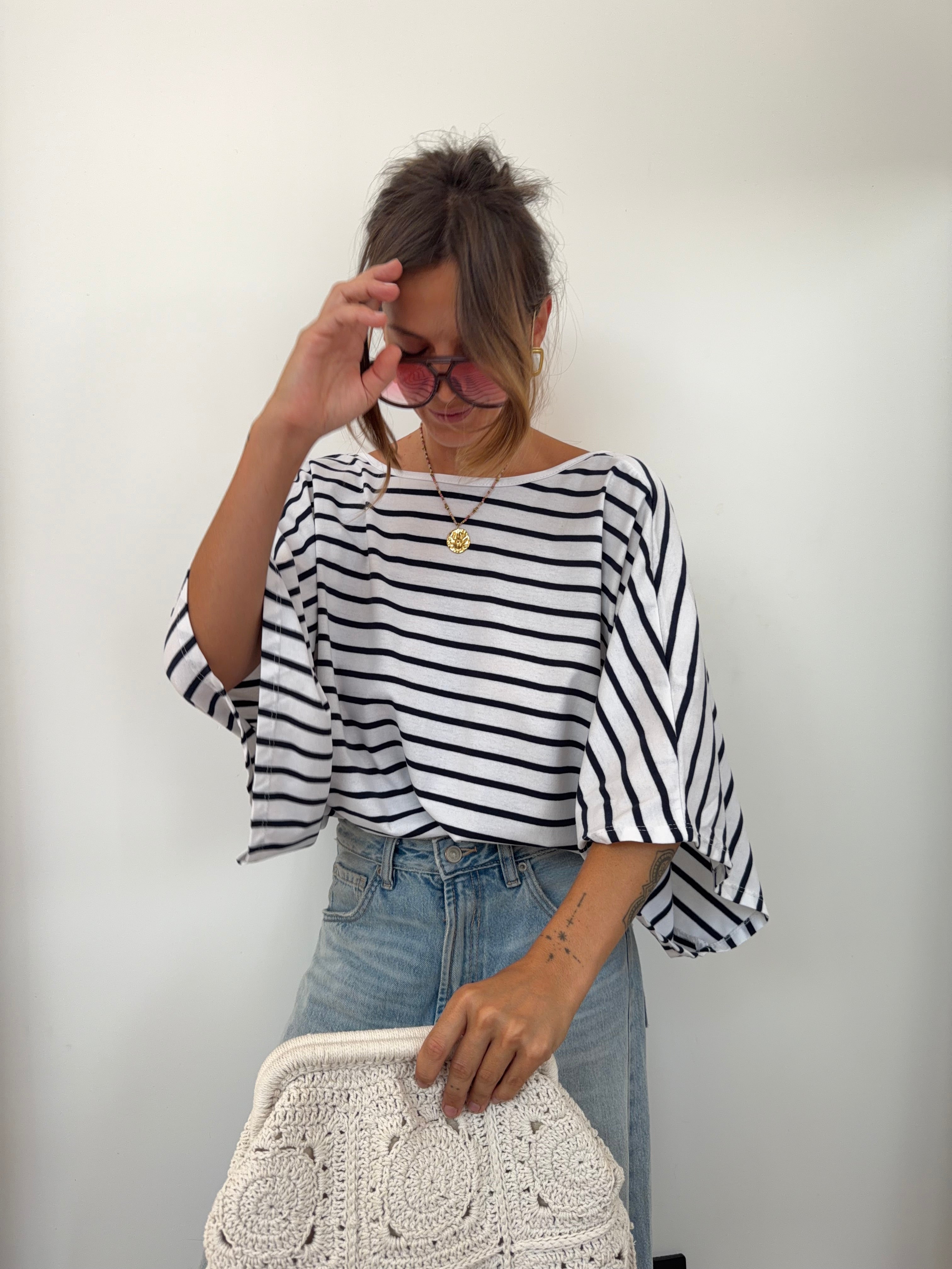 T-shirt dos nu V - blanc rayé bleu