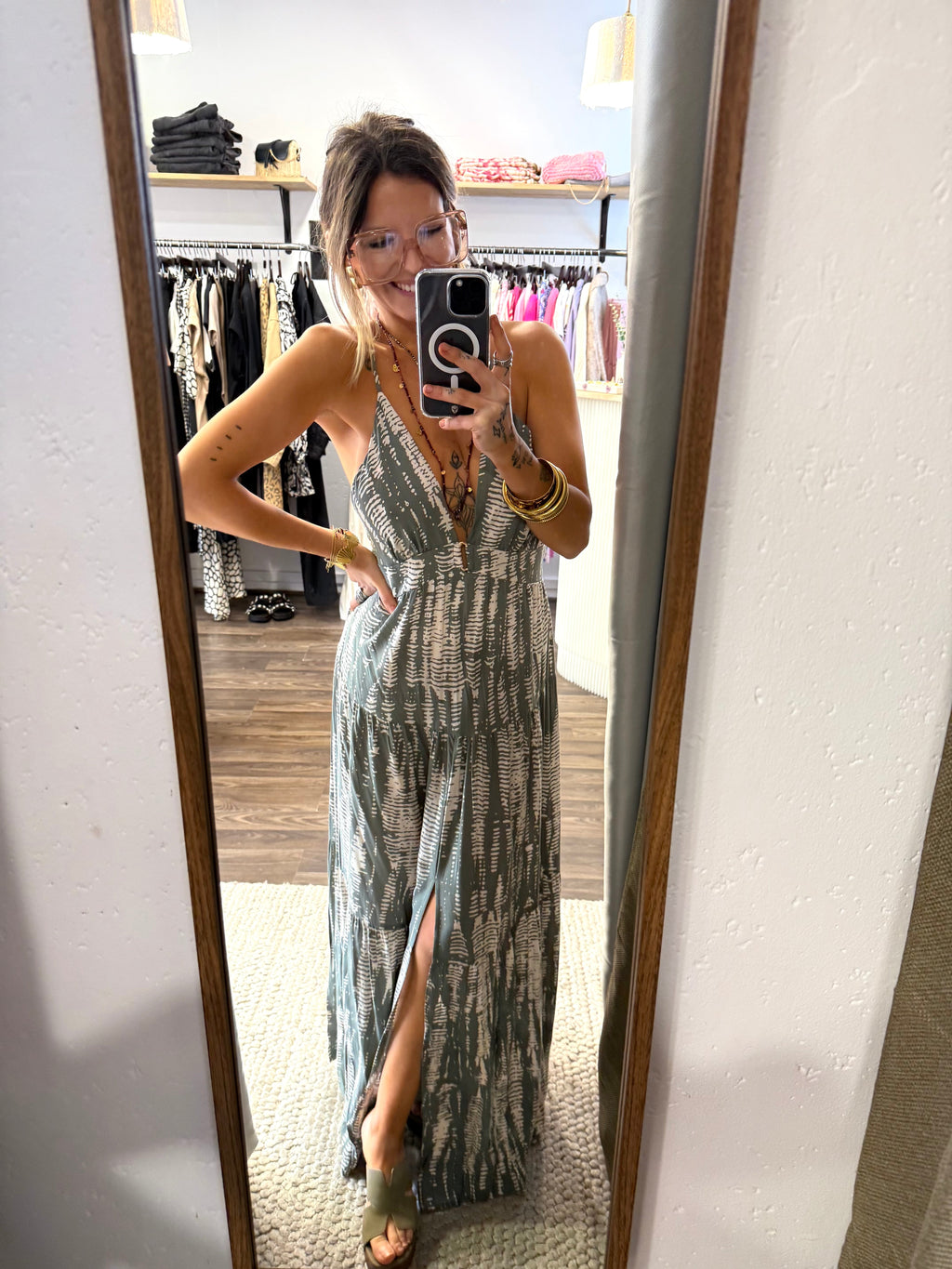 Robe dos nu à motifs - kaki