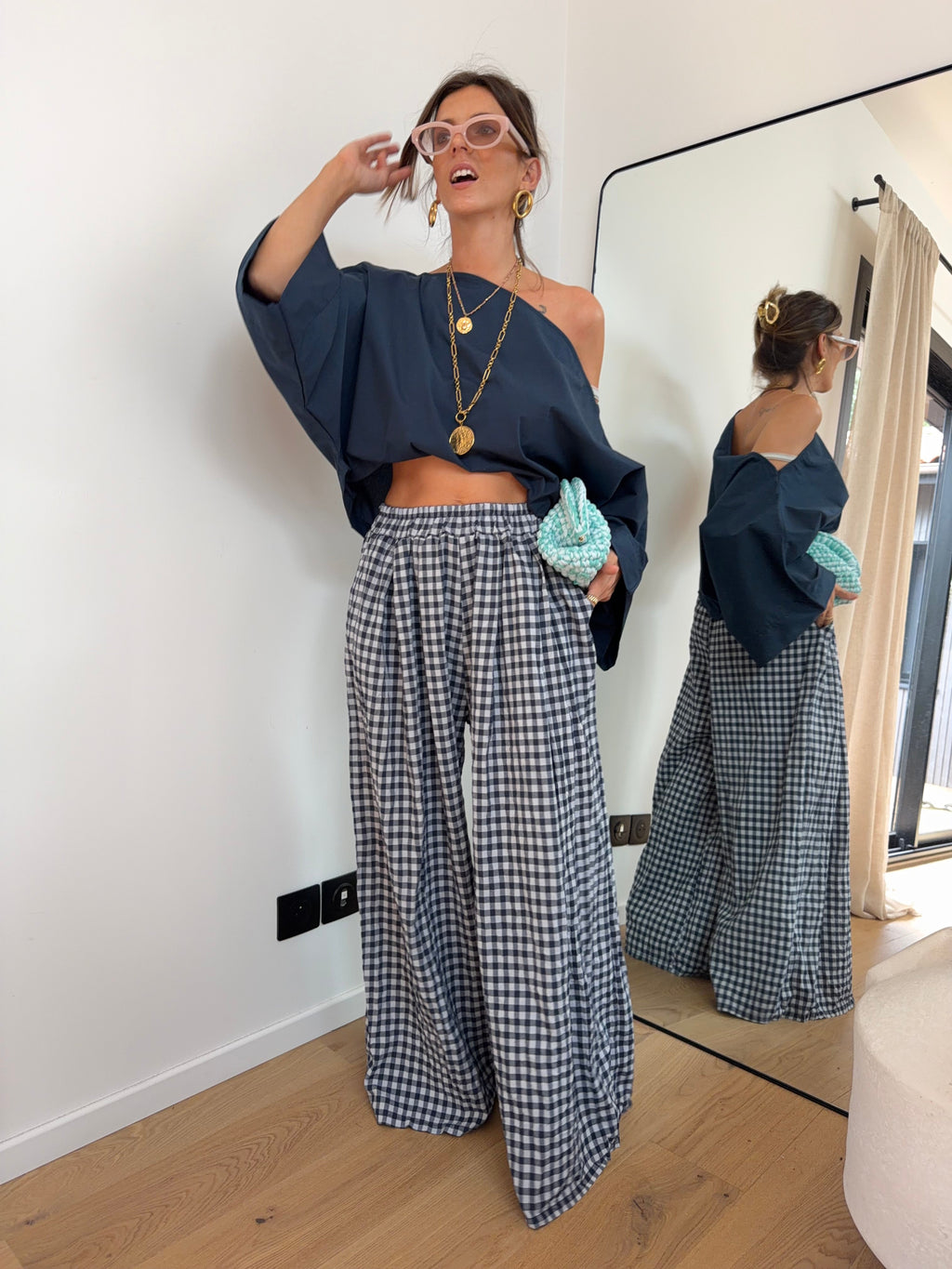 Pantalon large à carreaux - bleu marine