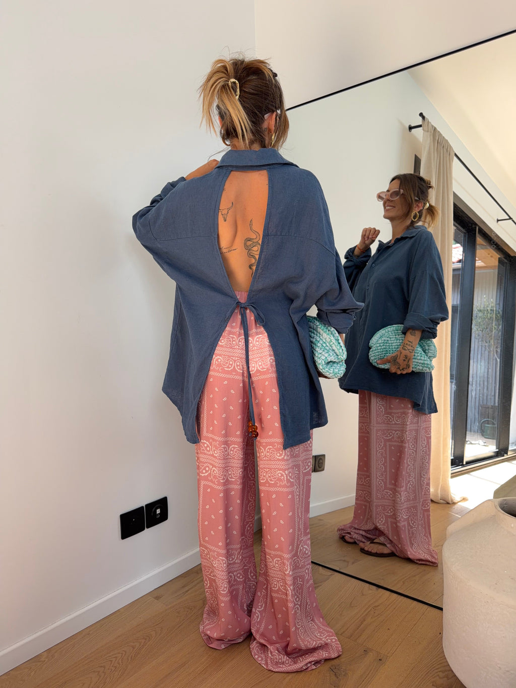 Chemise dos nu en lin - bleue