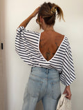 T-shirt dos nu V - blanc rayé bleu